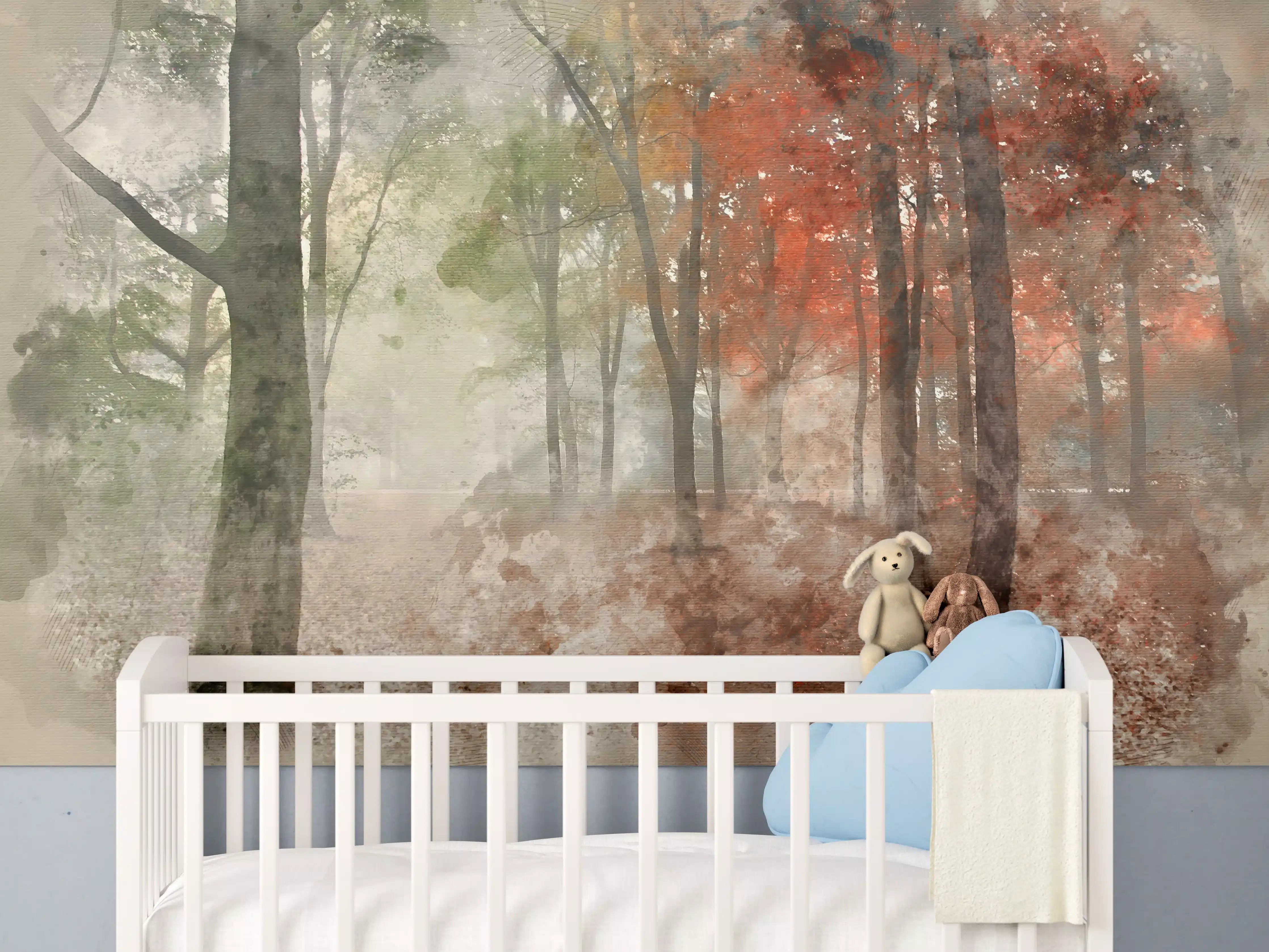 Babyzimmer Wandgestaltung - Grauer Herbstwald mit bunten Blättern