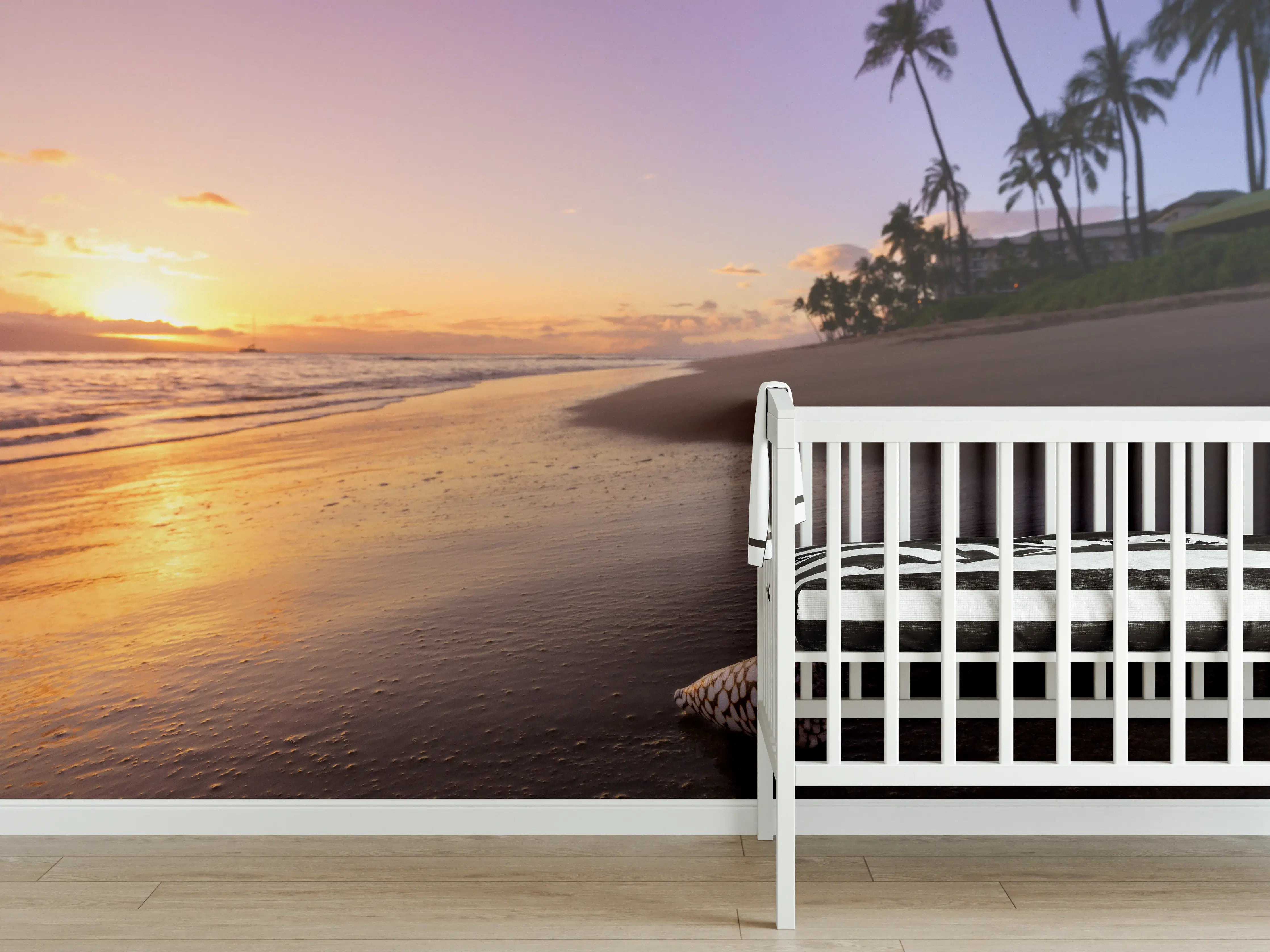 Babyzimmer Wandgestaltung - Grauer Sonnenuntergang am Palmenstrand