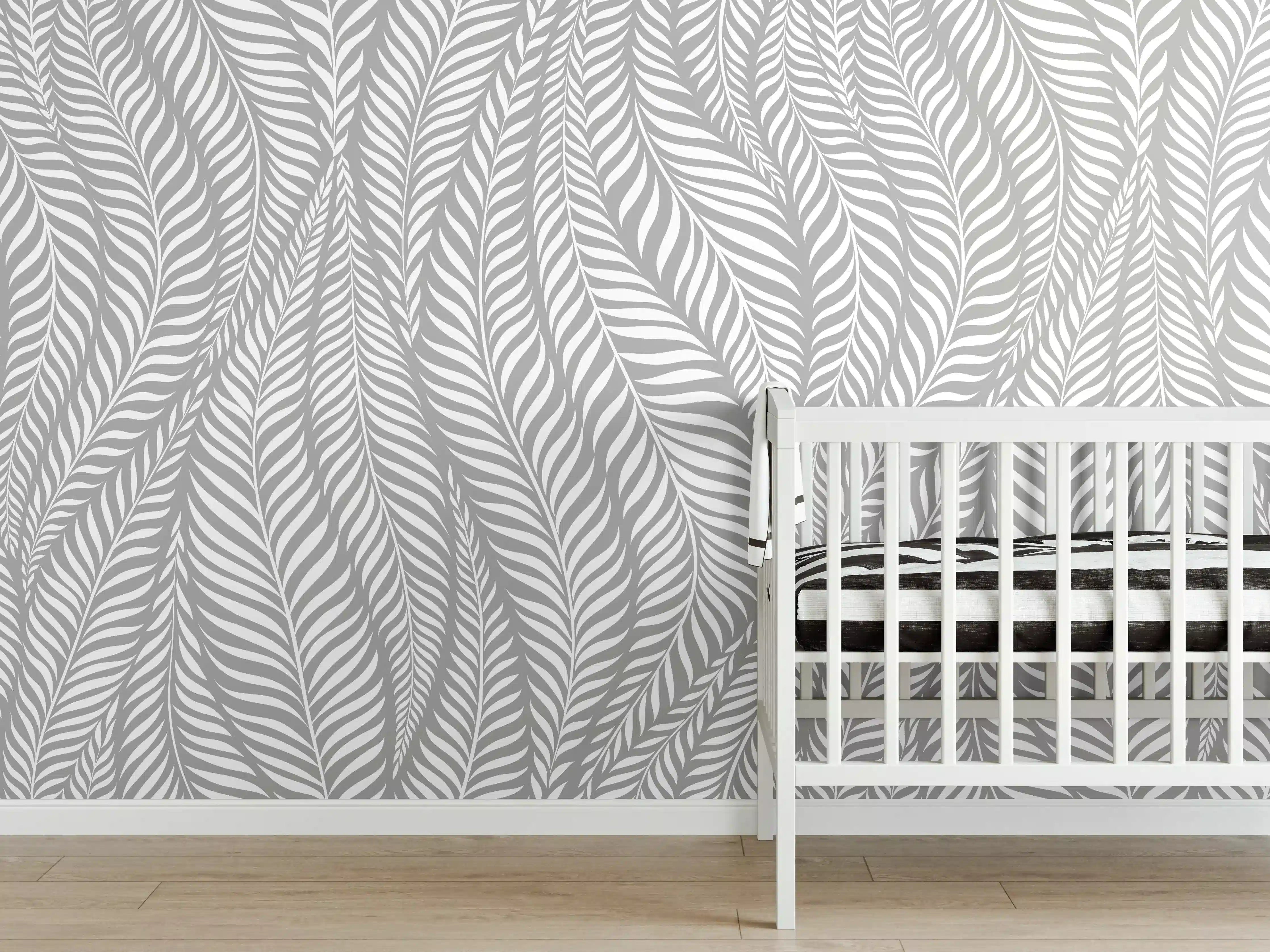 Babyzimmer Wandgestaltung - Graues Blättermuster in Weiß