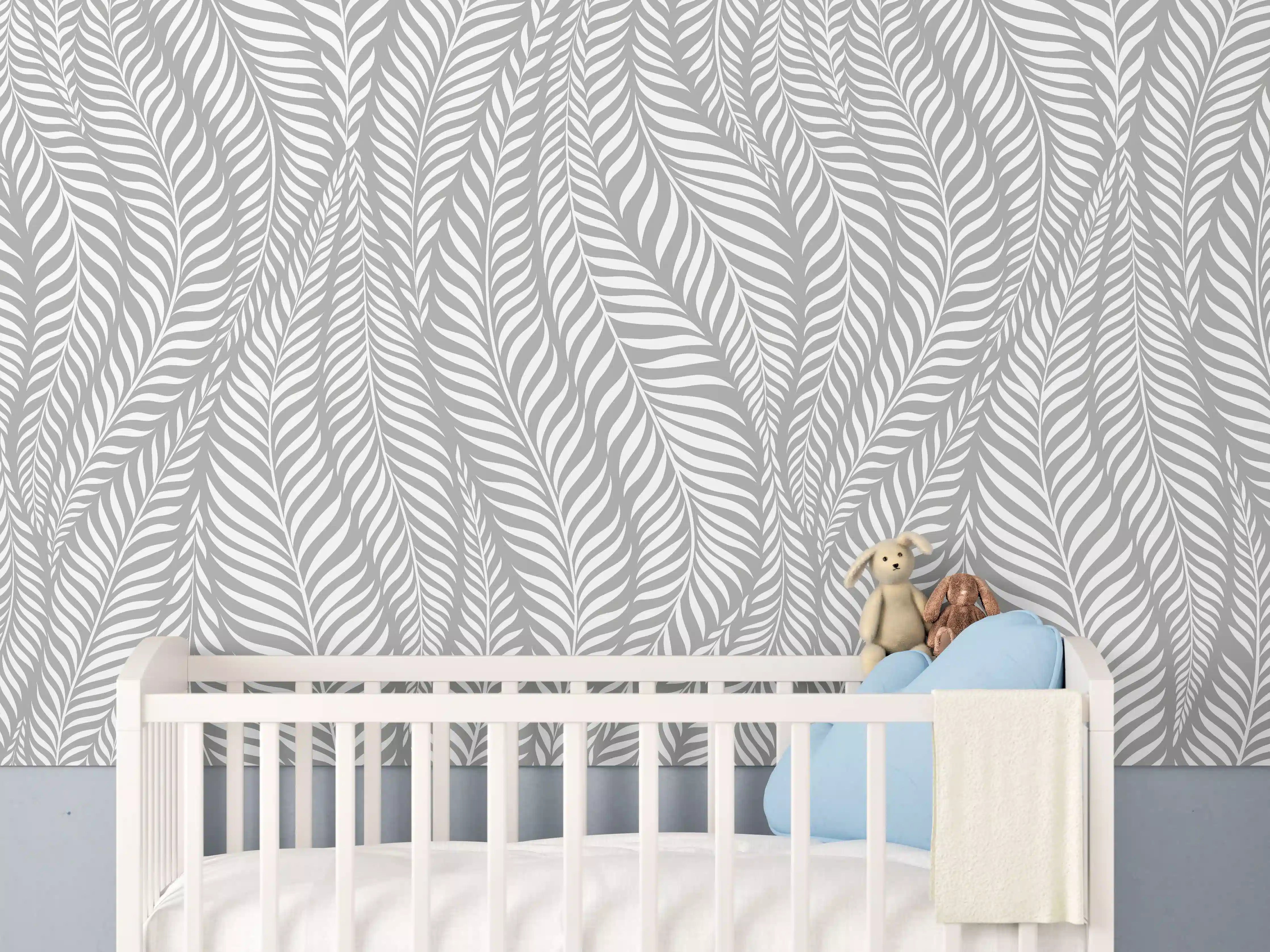 Babyzimmer Wandgestaltung - Graues Blättermuster in Weiß