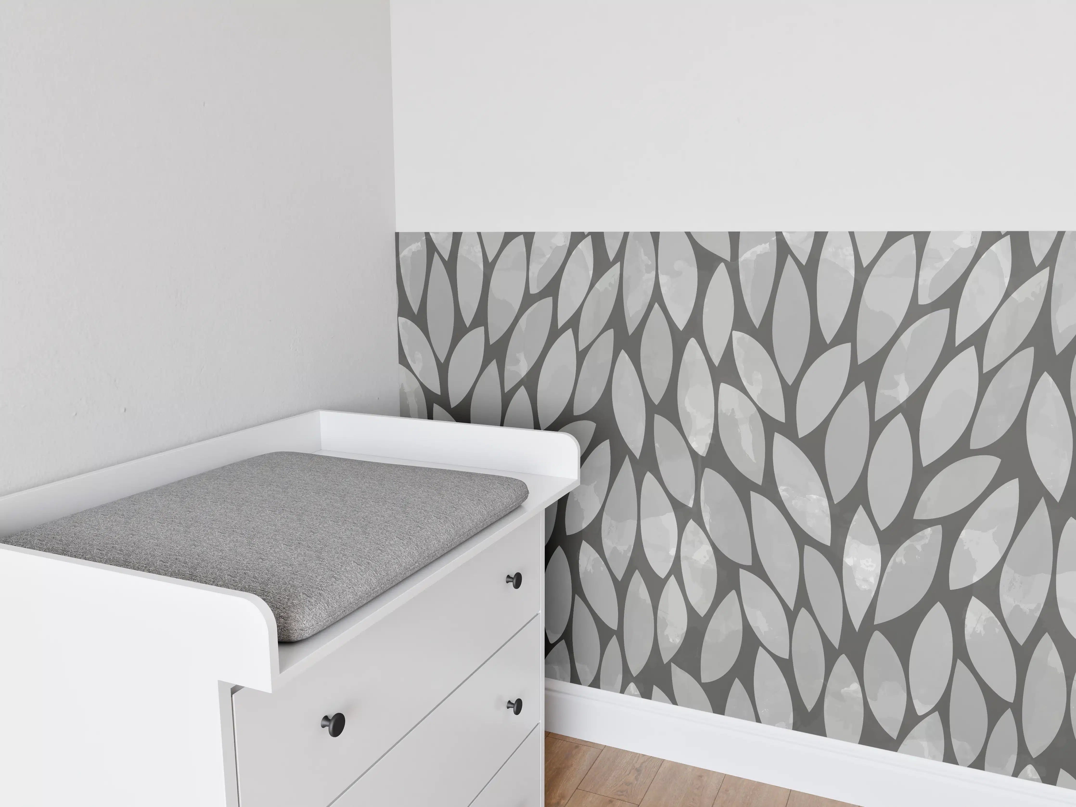Babyzimmer Wandgestaltung - Graues Blattmuster mit hellen Akzenten