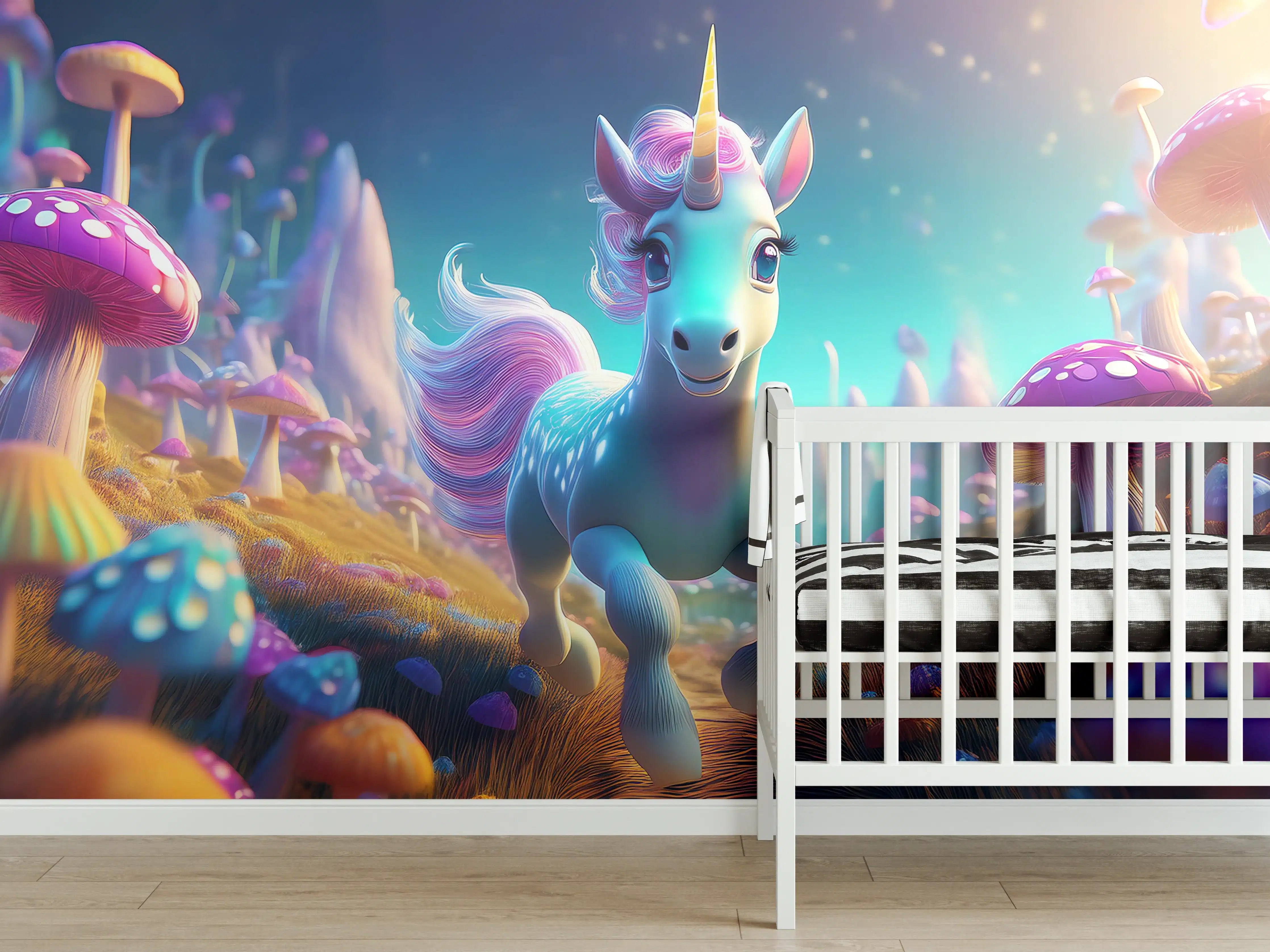 Babyzimmer Wandgestaltung - Graues Einhorn in Magischer Pilzwelt