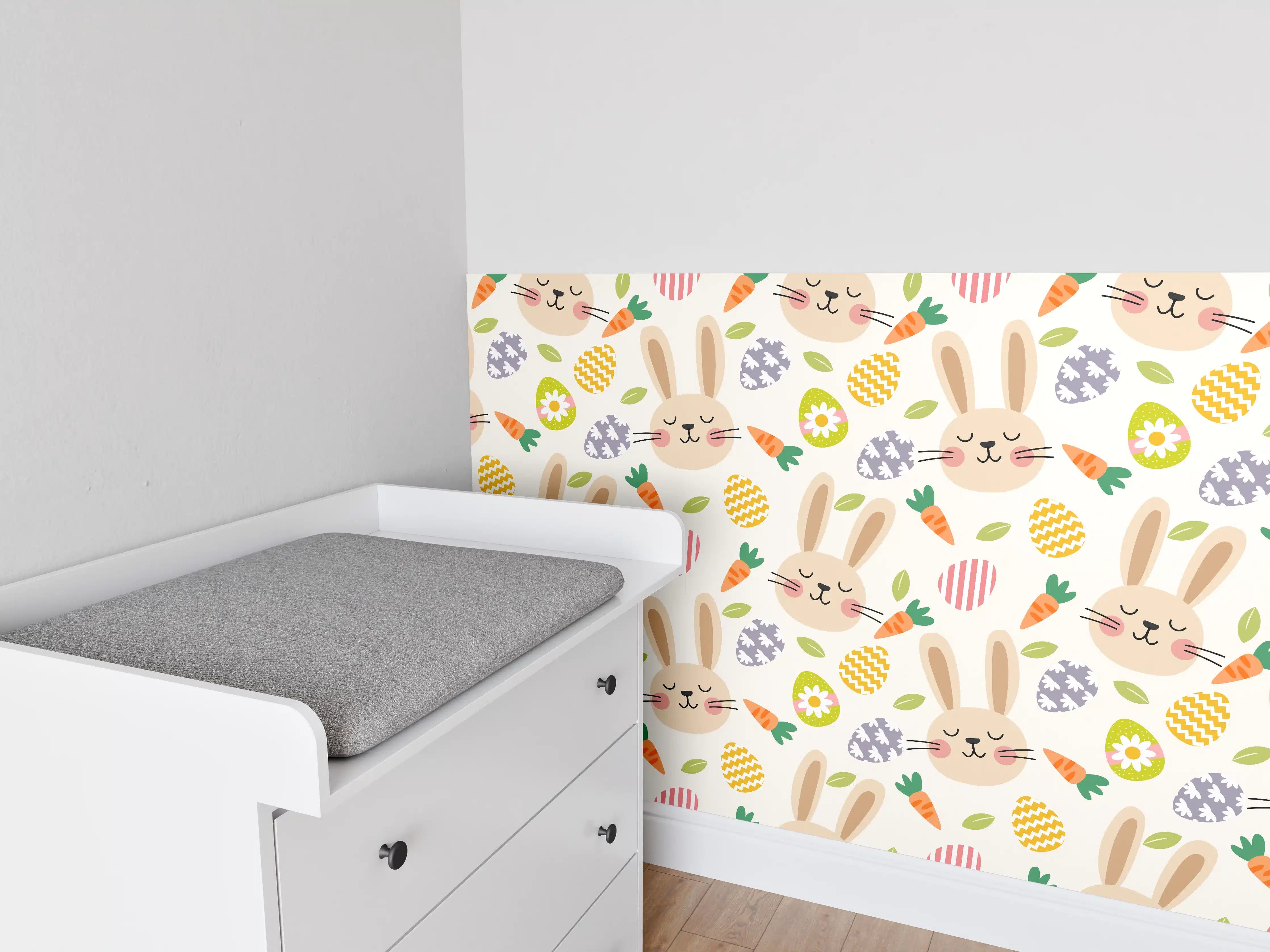 Babyzimmer Wandgestaltung - Graues Häschen mit bunten Eiern