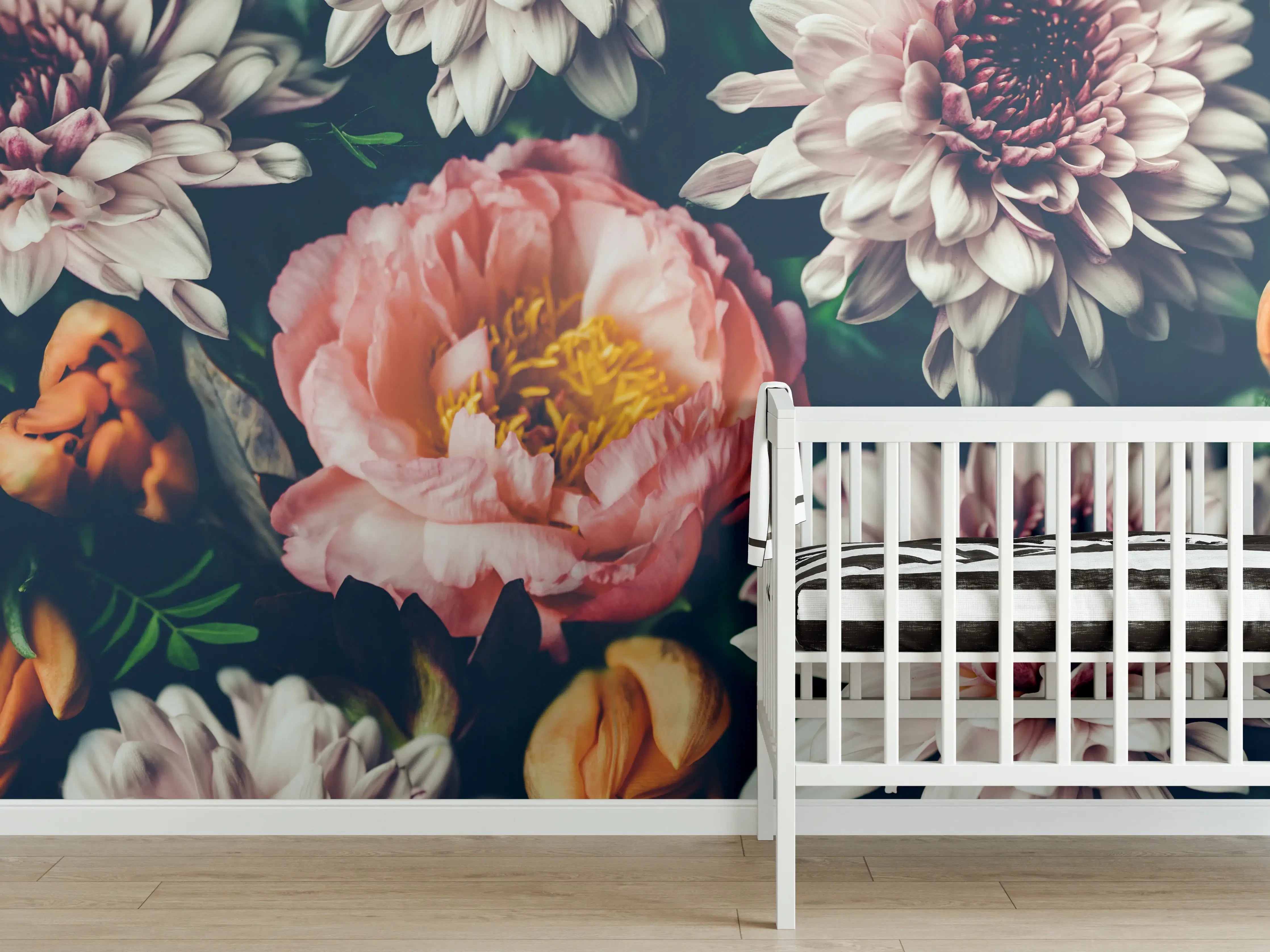 Babyzimmer Wandgestaltung - Grauweisse Blütenpracht