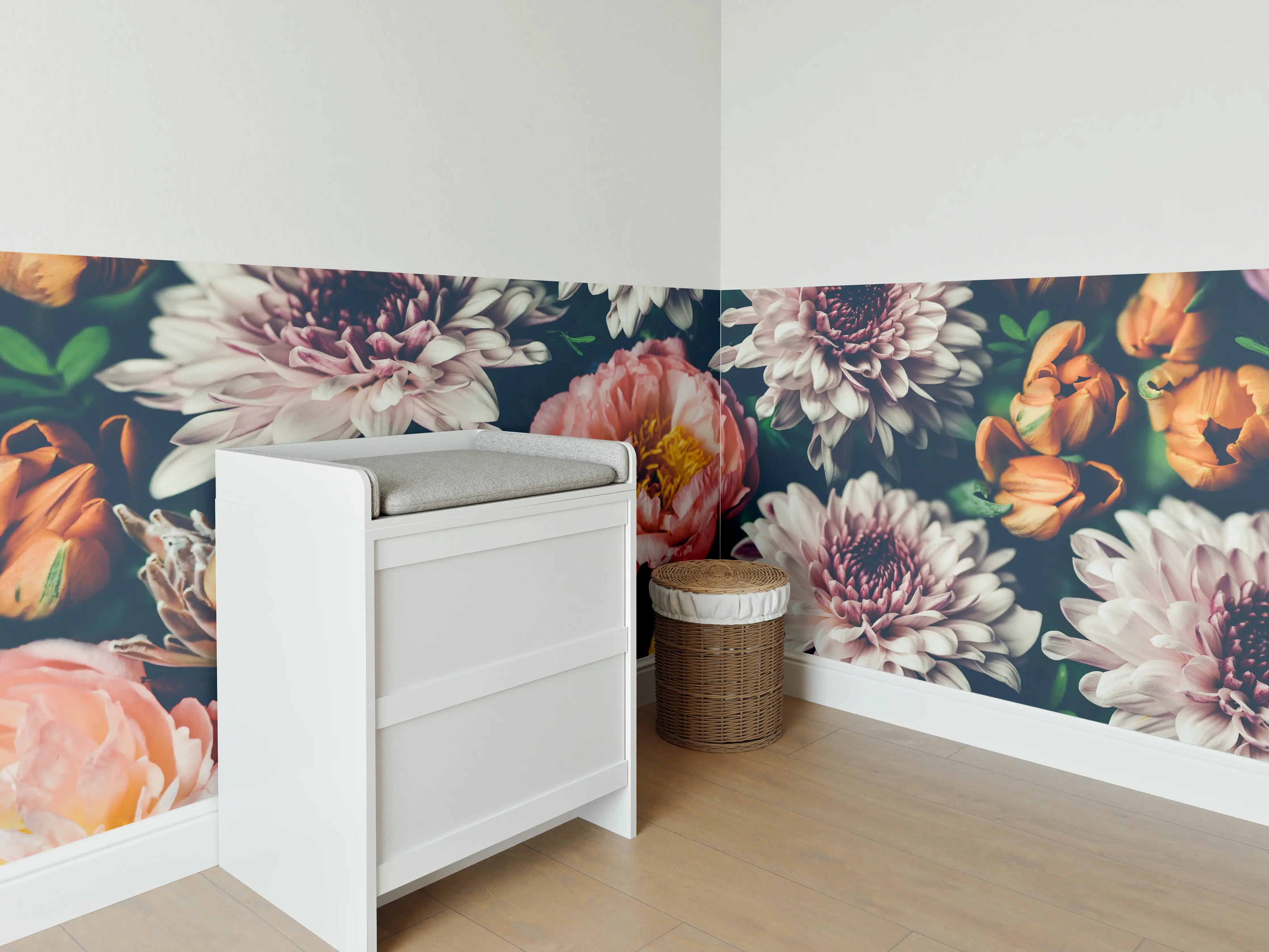 Babyzimmer Wandgestaltung - Grauweisse Blütenpracht