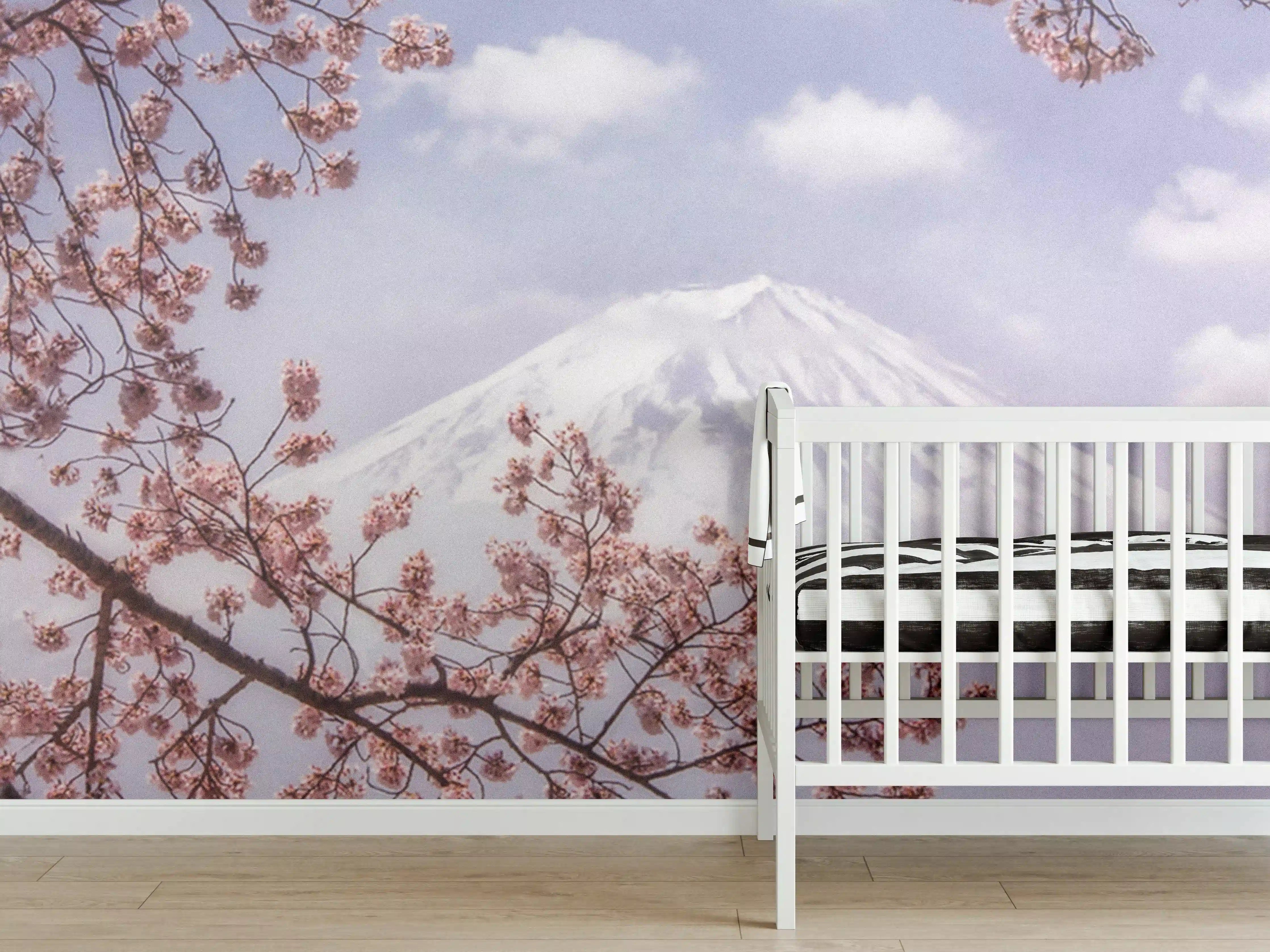 Babyzimmer Wandgestaltung - Großer Berg hinter Kirchblüten - Japan