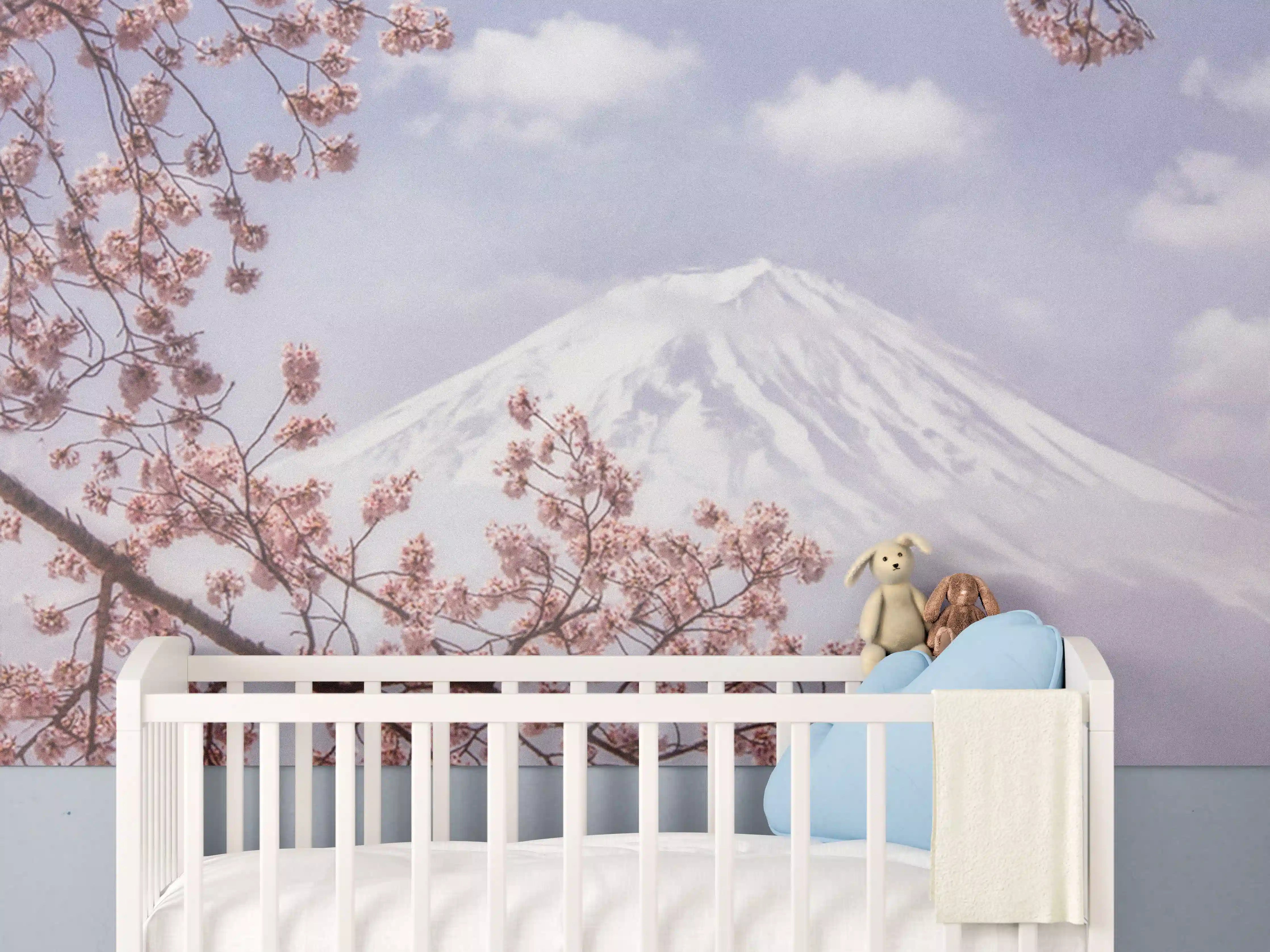 Babyzimmer Wandgestaltung - Großer Berg hinter Kirchblüten - Japan