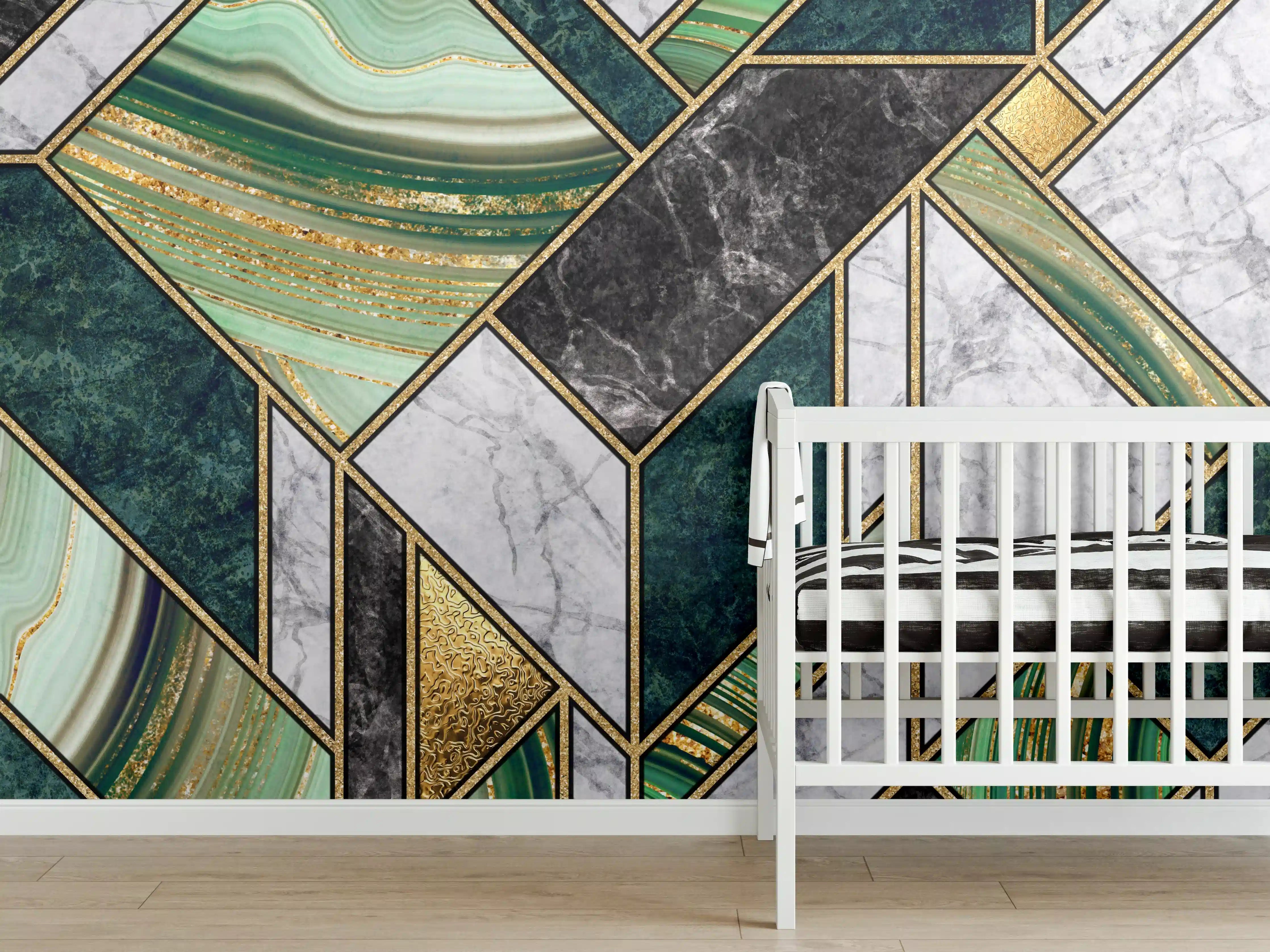 Babyzimmer Wandgestaltung - Grün-Goldene Marmormosaik Textur