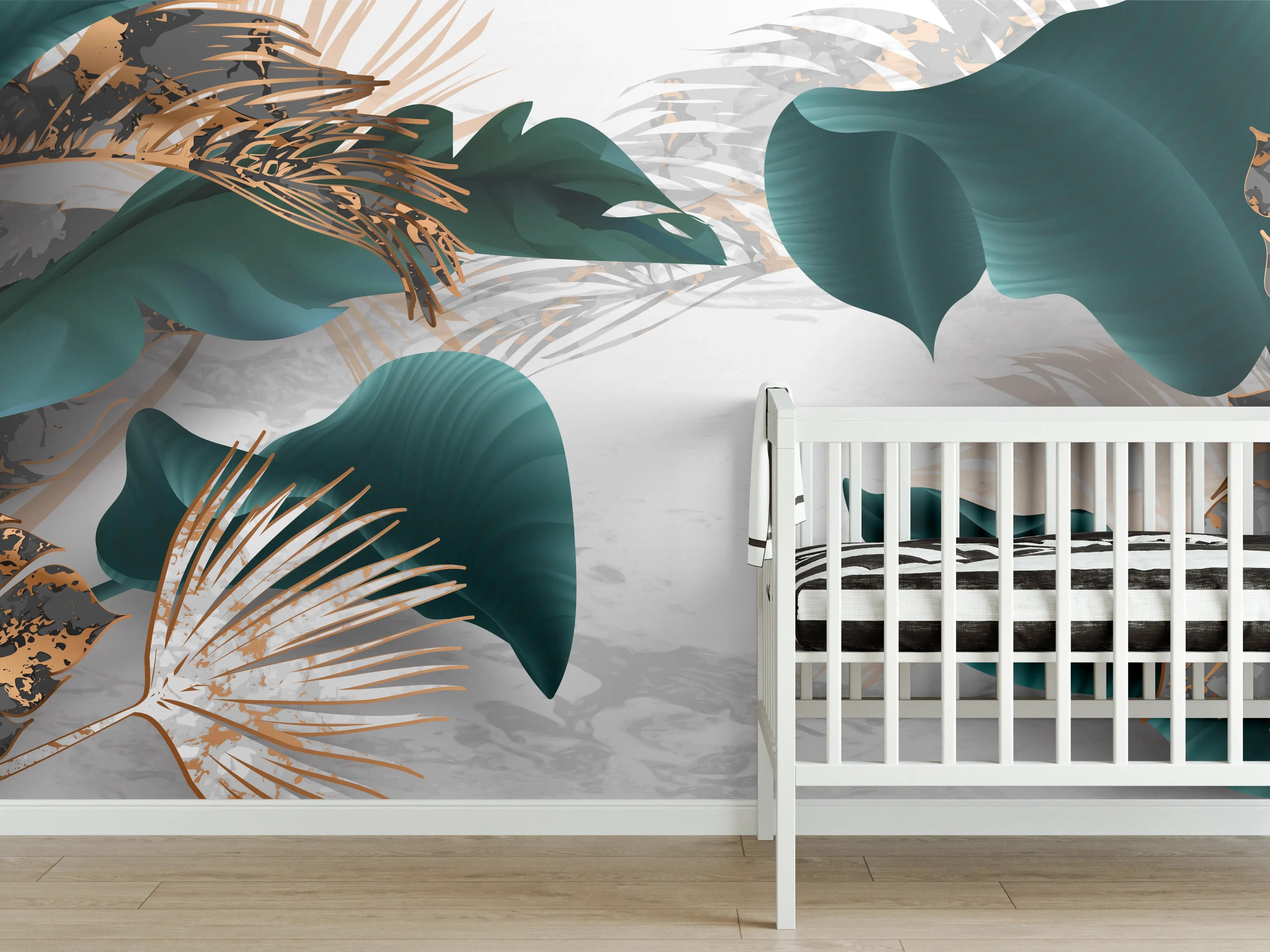 Babyzimmer Wandgestaltung - Grün-Goldene Pflanzenmusterung
