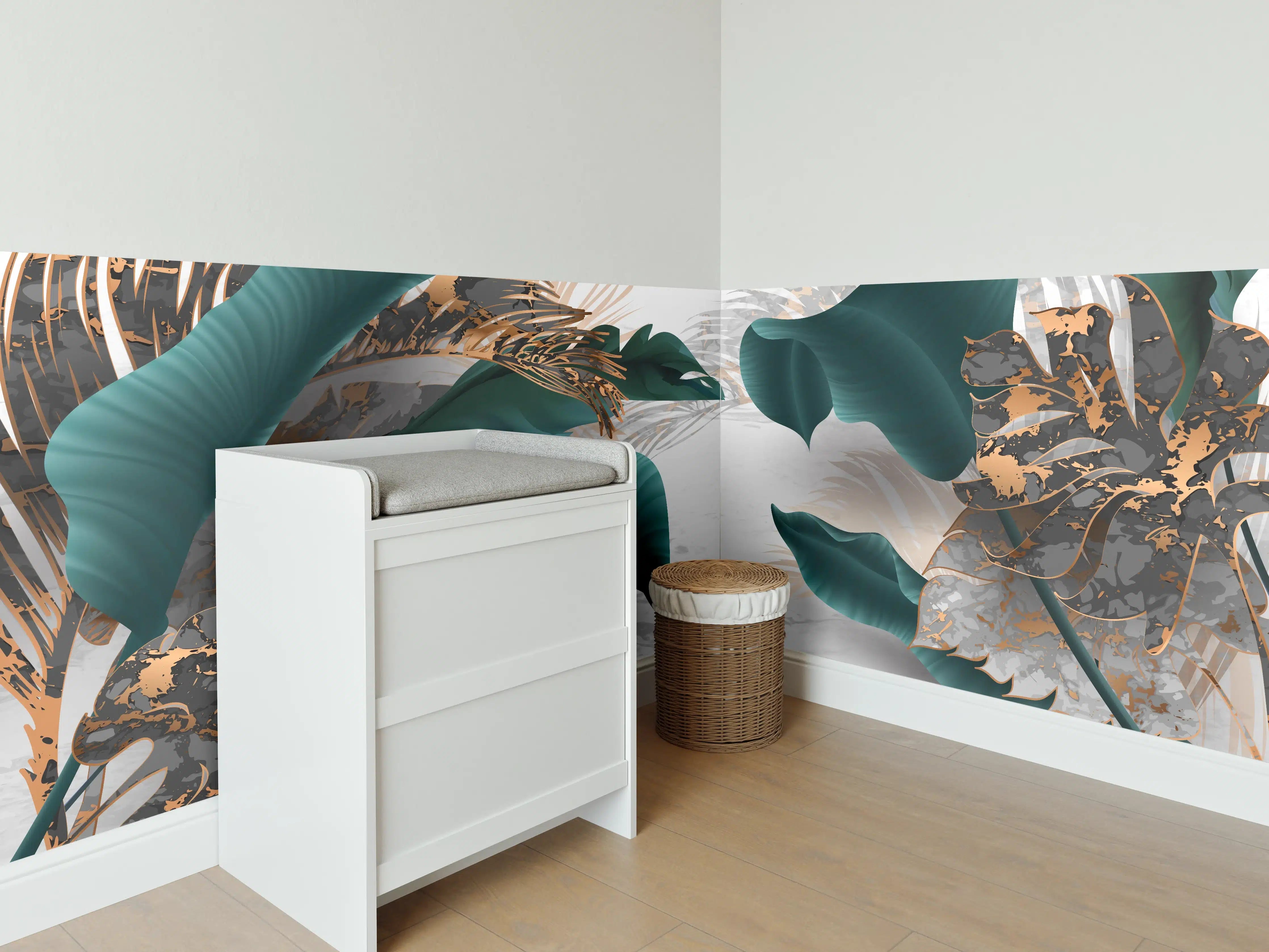 Babyzimmer Wandgestaltung - Grün-Goldene Pflanzenmusterung