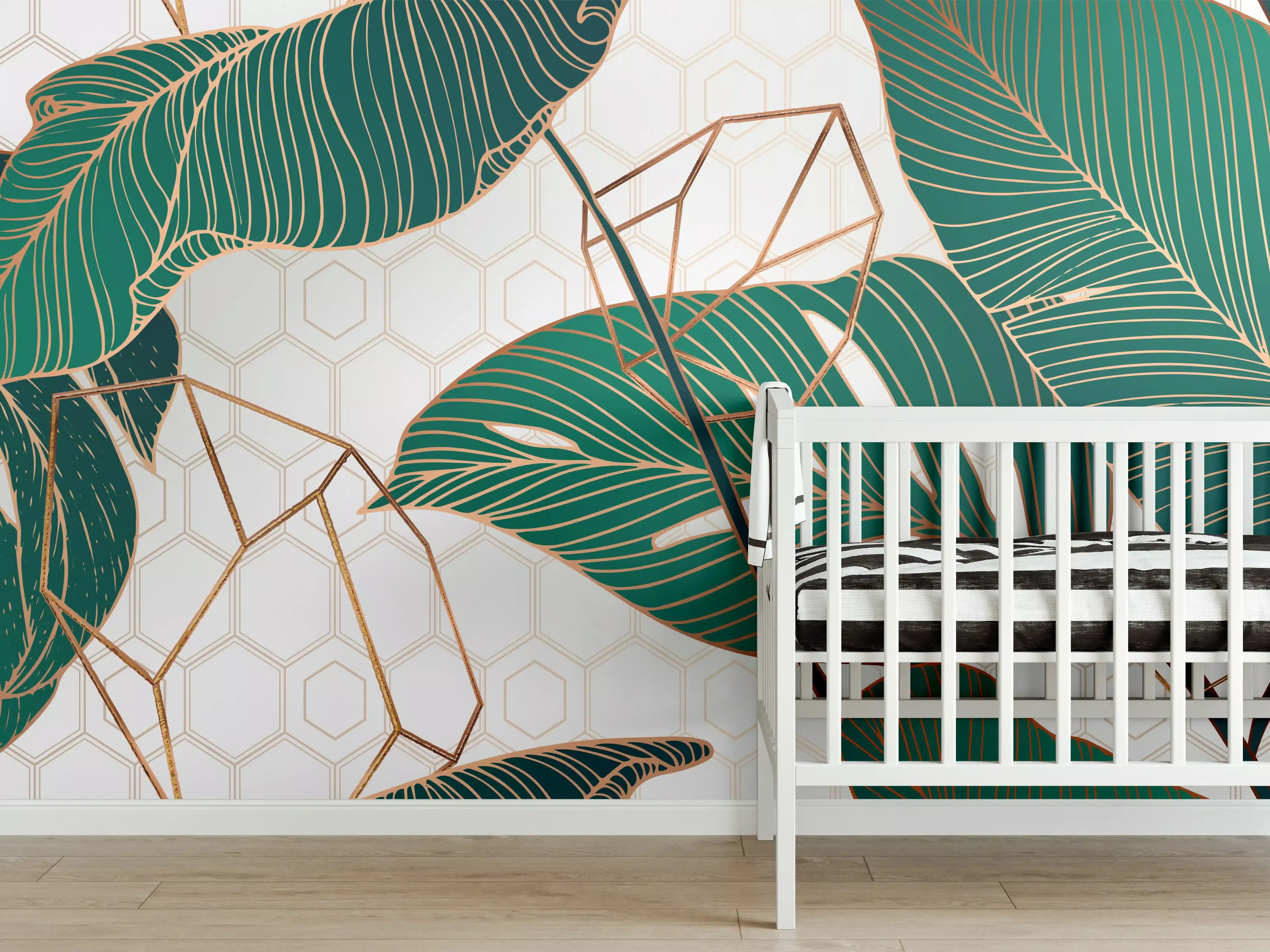 Babyzimmer Wandgestaltung - Grün-Weißes Blattmuster Design