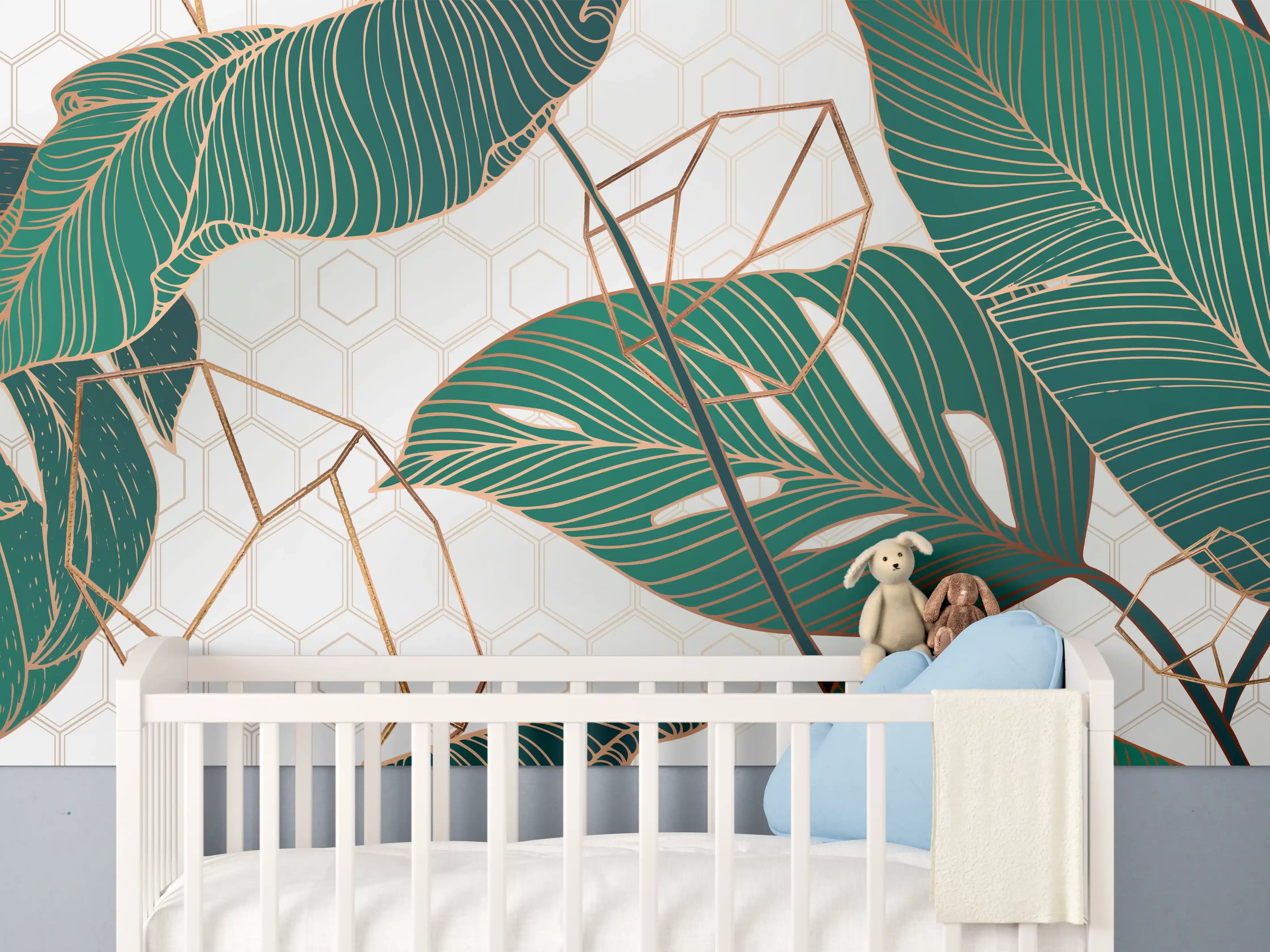 Babyzimmer Wandgestaltung - Grün-Weißes Blattmuster Design