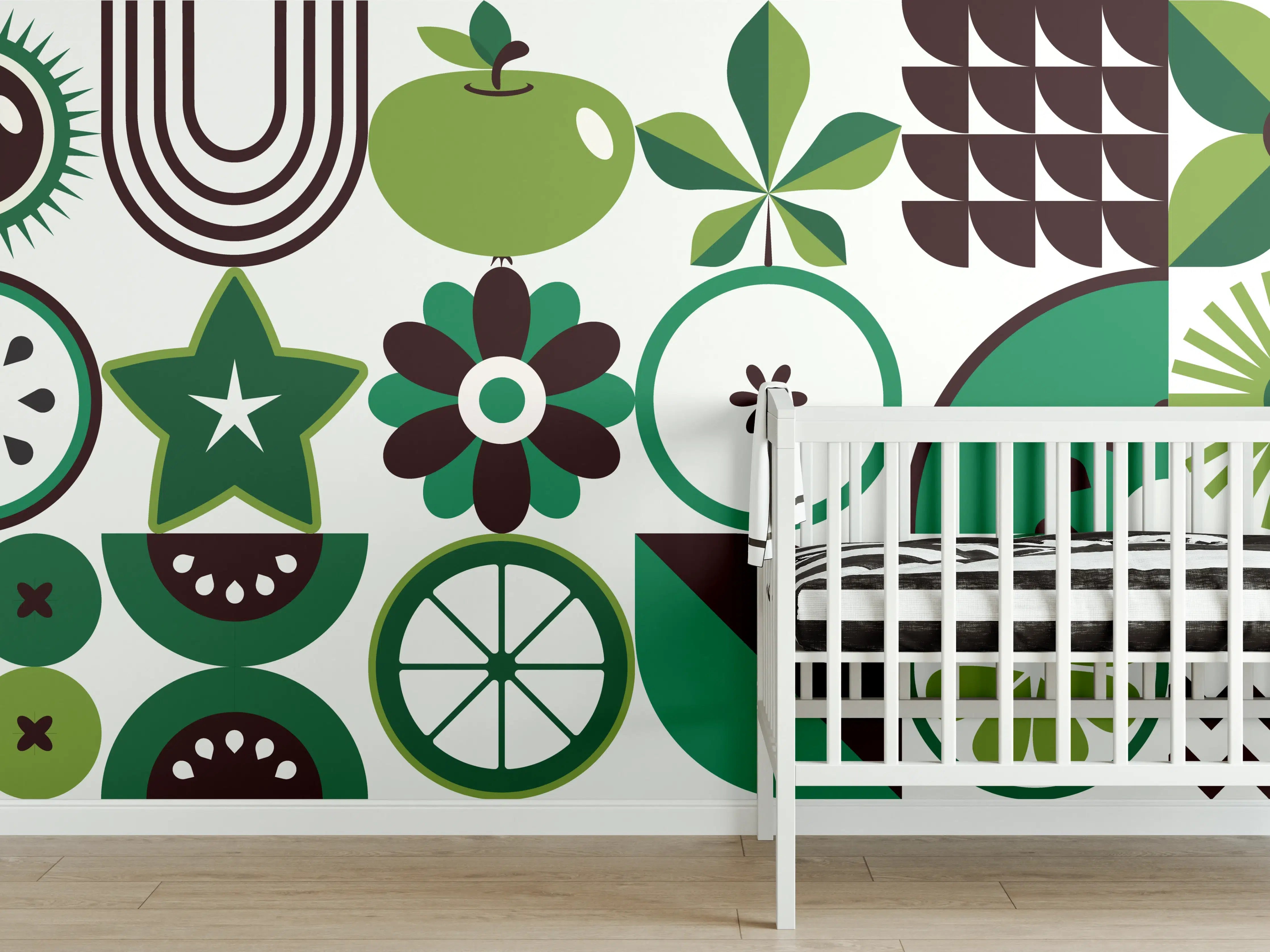 Babyzimmer Wandgestaltung - Grüne Apfel- und Blütenmuster