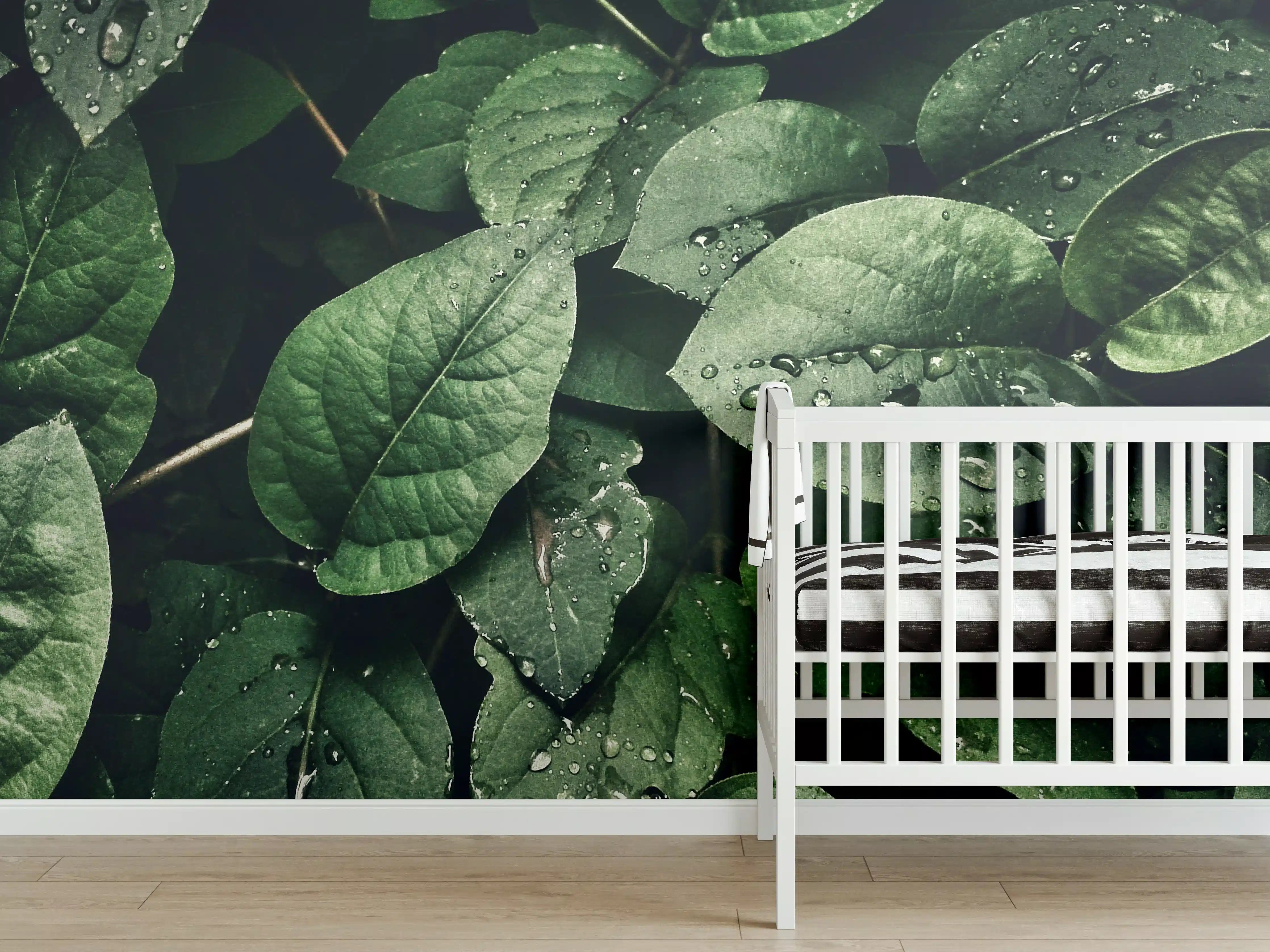 Babyzimmer Wandgestaltung - Grüne Blätter mit Wassertropfen