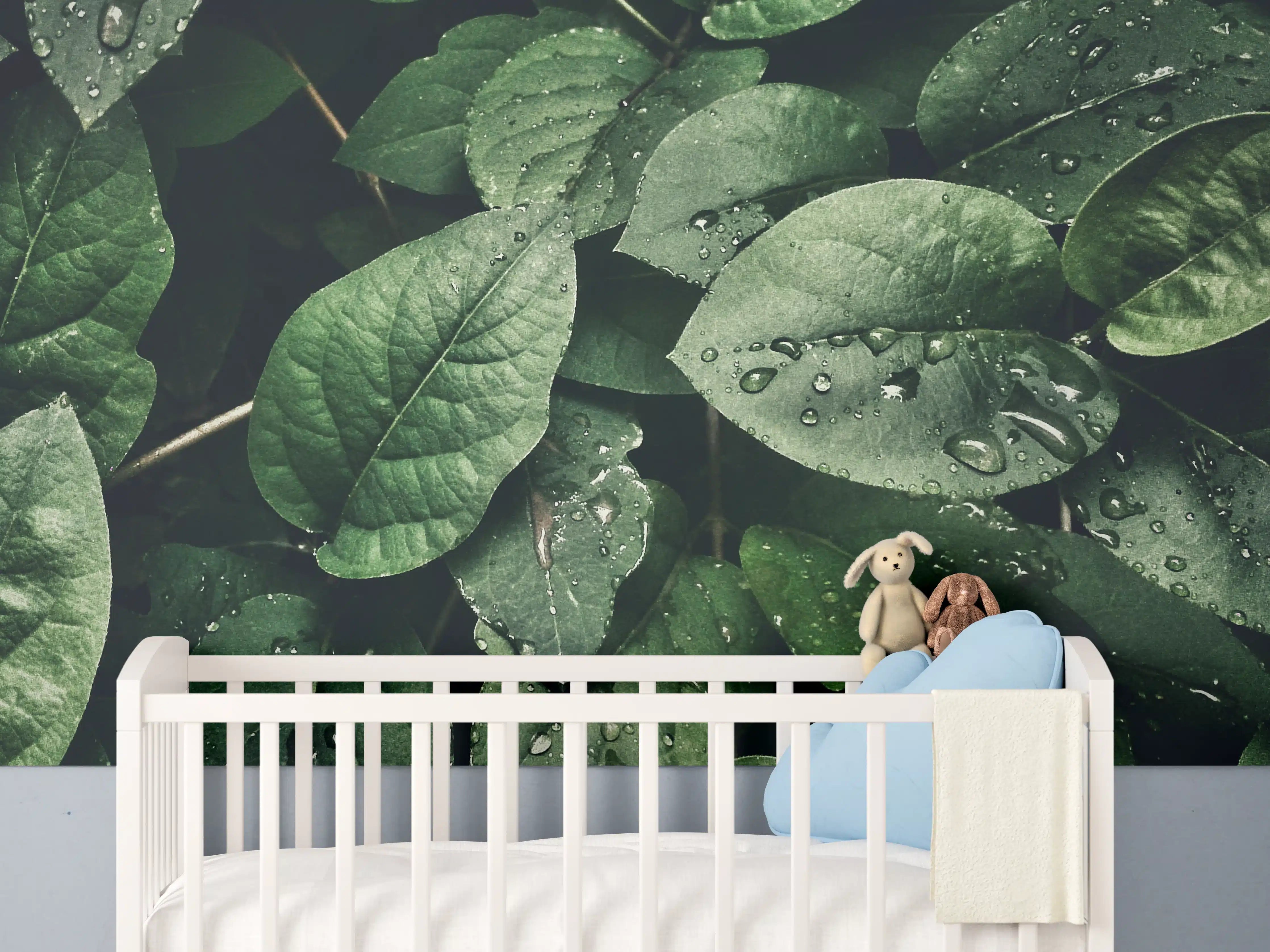 Babyzimmer Wandgestaltung - Grüne Blätter mit Wassertropfen