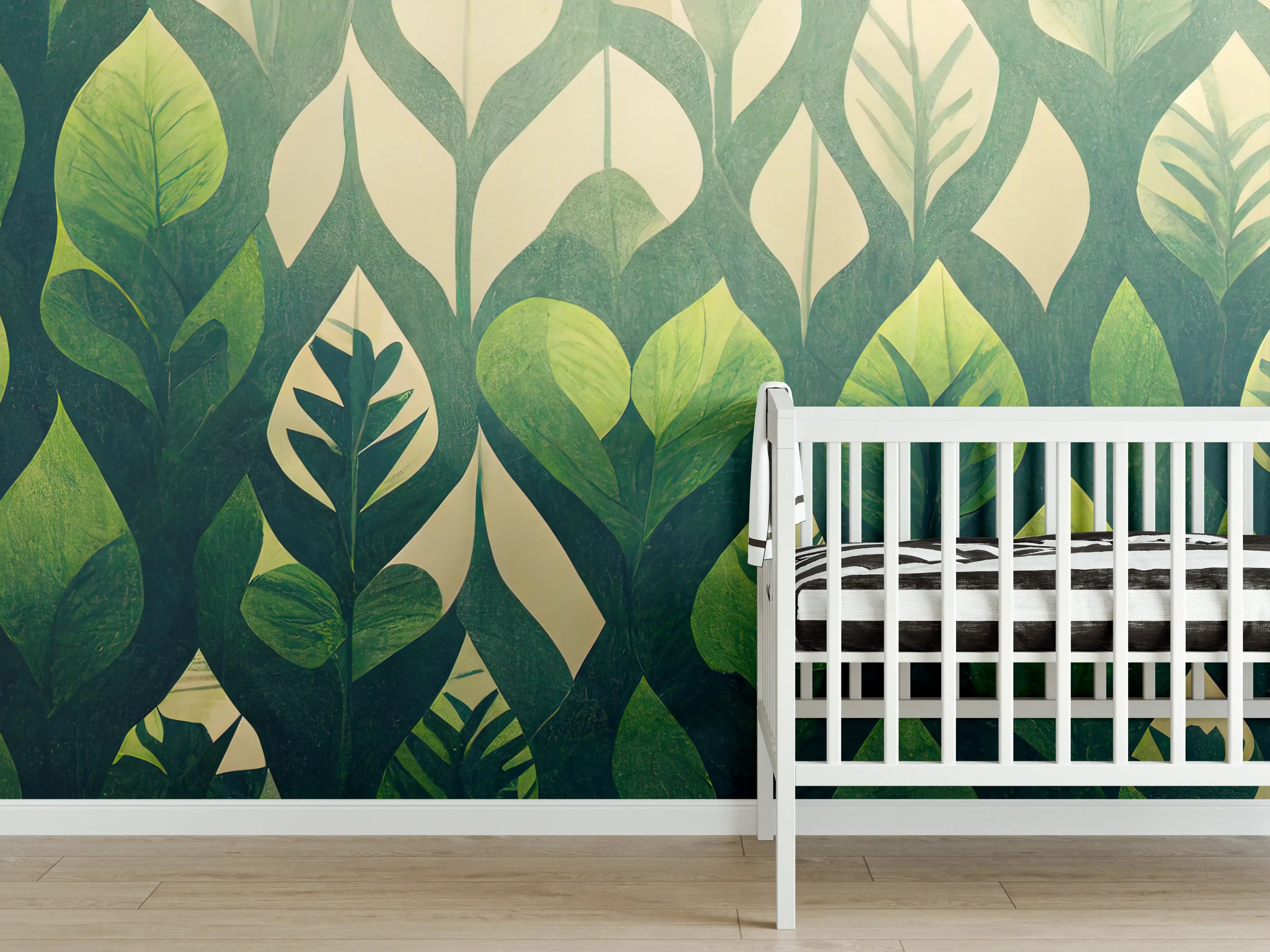 Babyzimmer Wandgestaltung - Grüne Blattmuster Wandgestaltung