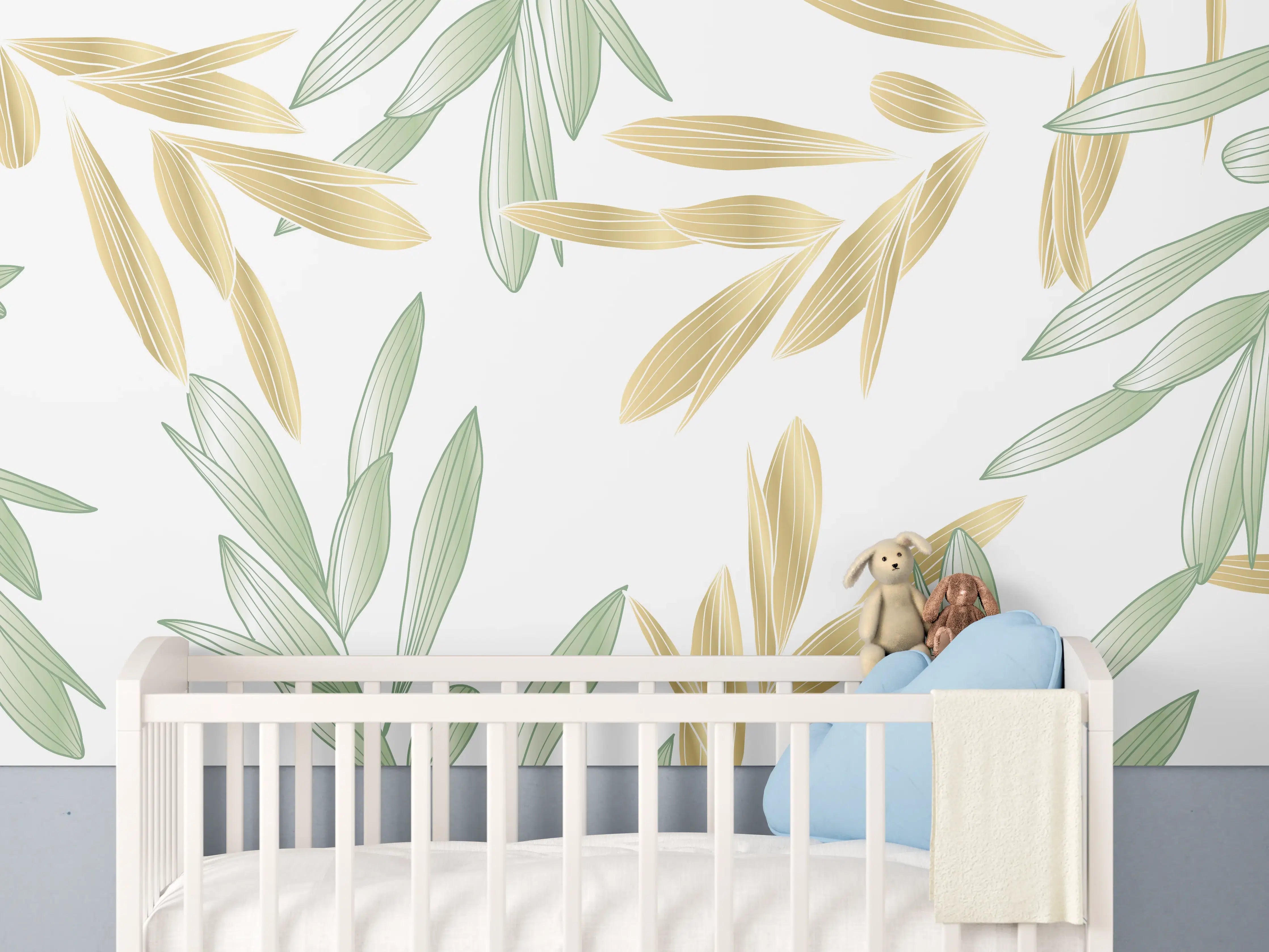 Babyzimmer Wandgestaltung - Grüne Olivenzweige Muster