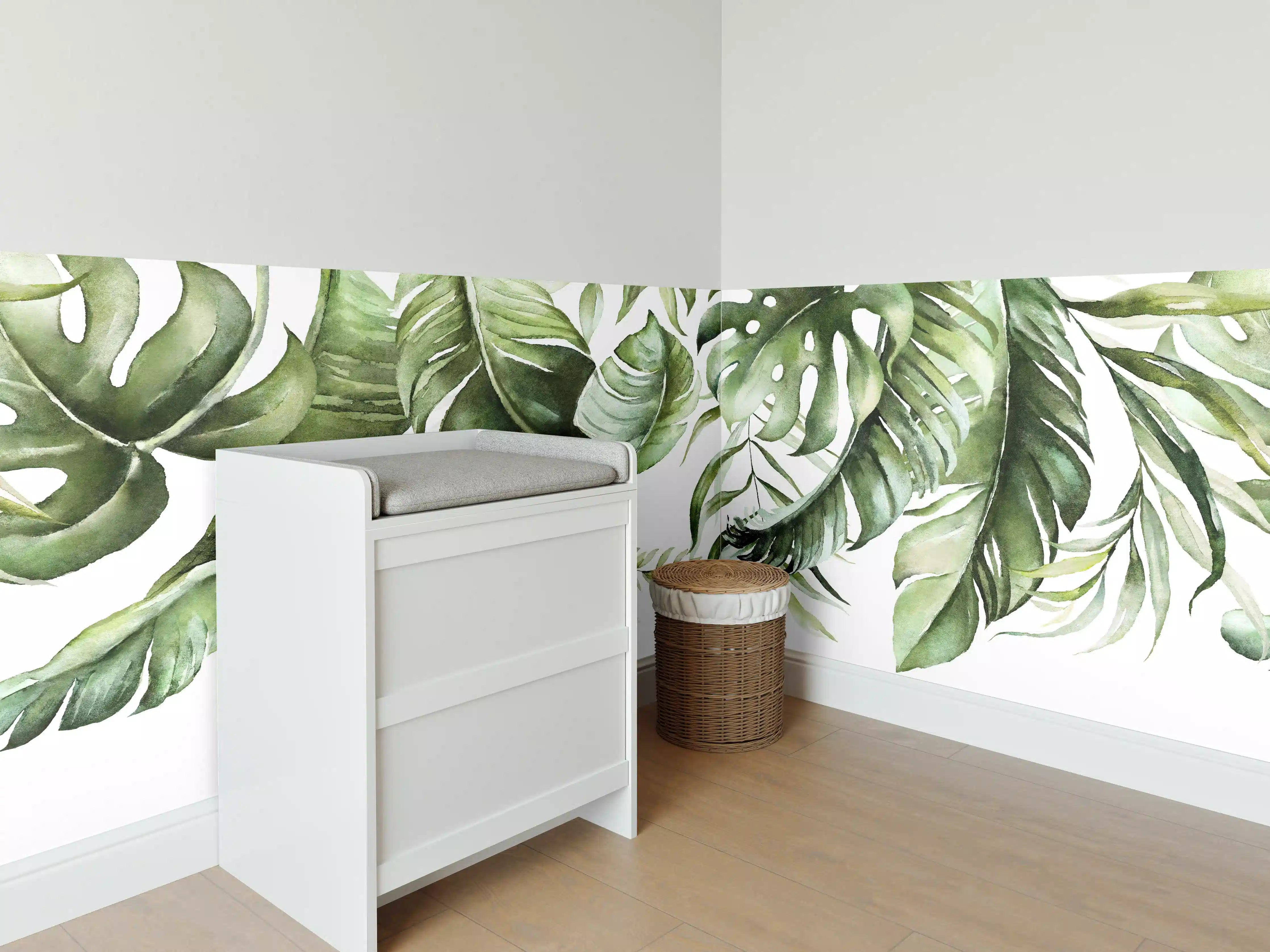 Babyzimmer Wandgestaltung - Grüne Tropenblätter Aquarell
