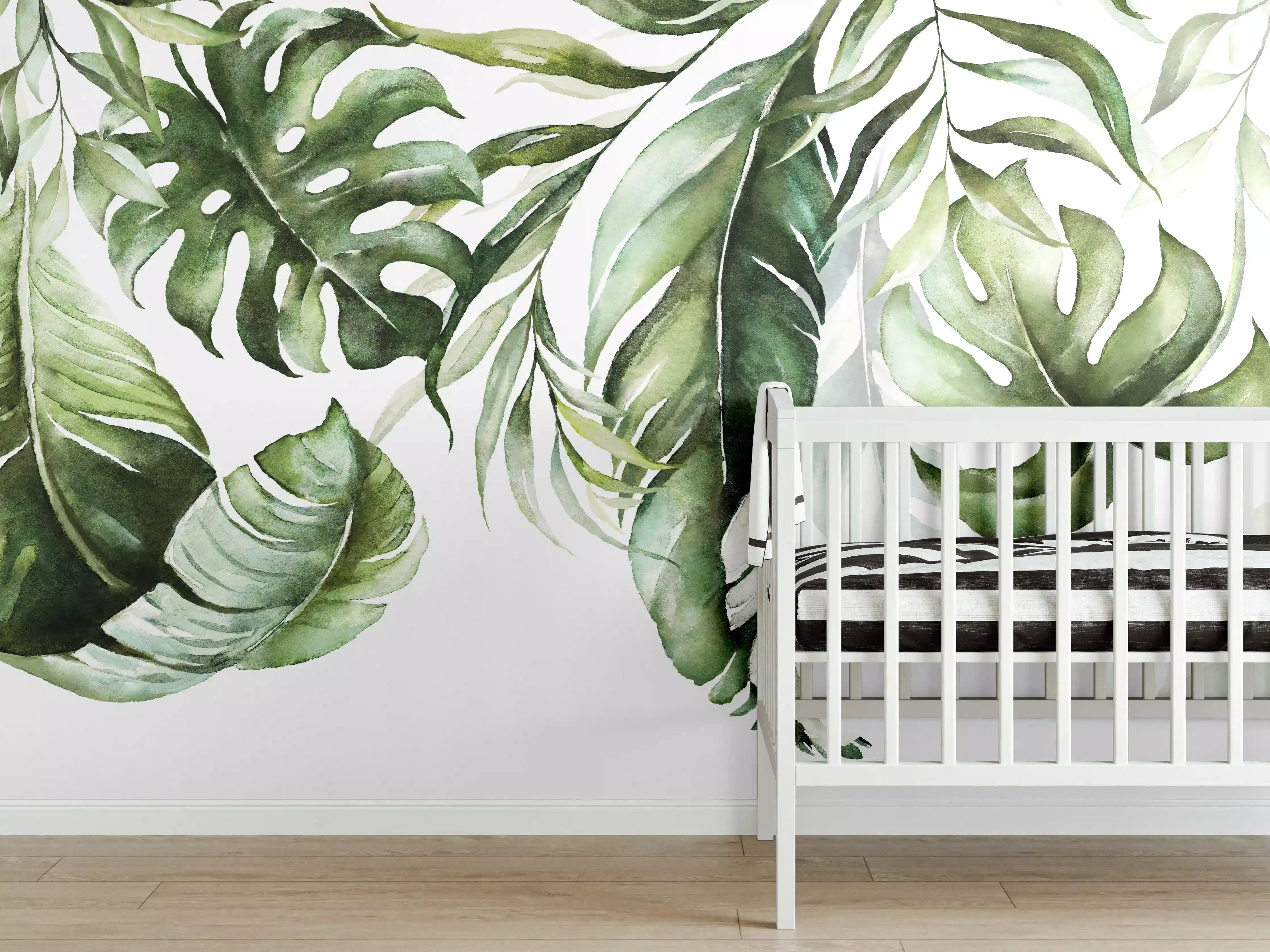 Babyzimmer Wandgestaltung - Grüne tropische Blätter Aquarell