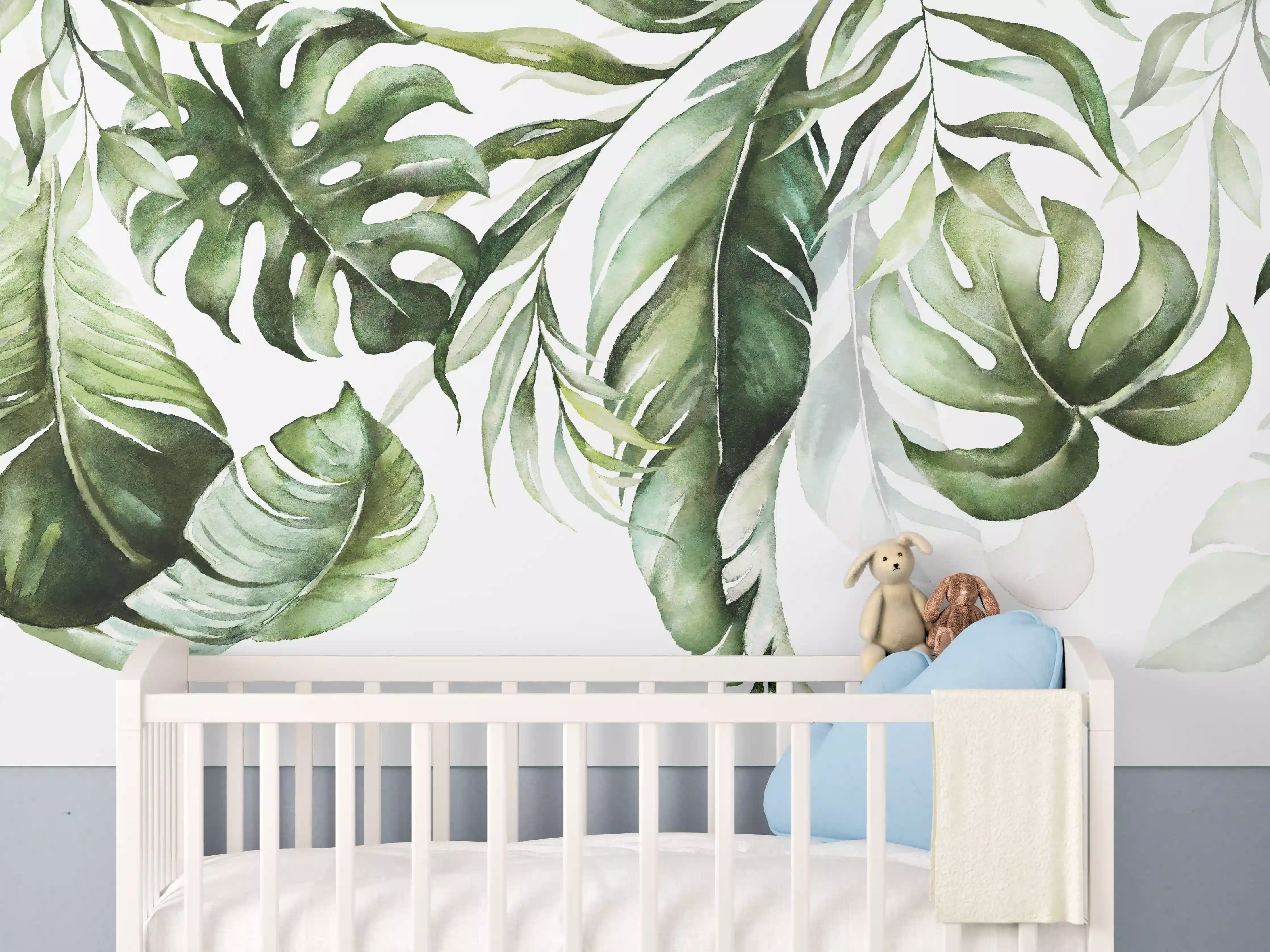Babyzimmer Wandgestaltung - Grüne tropische Blätter Aquarell