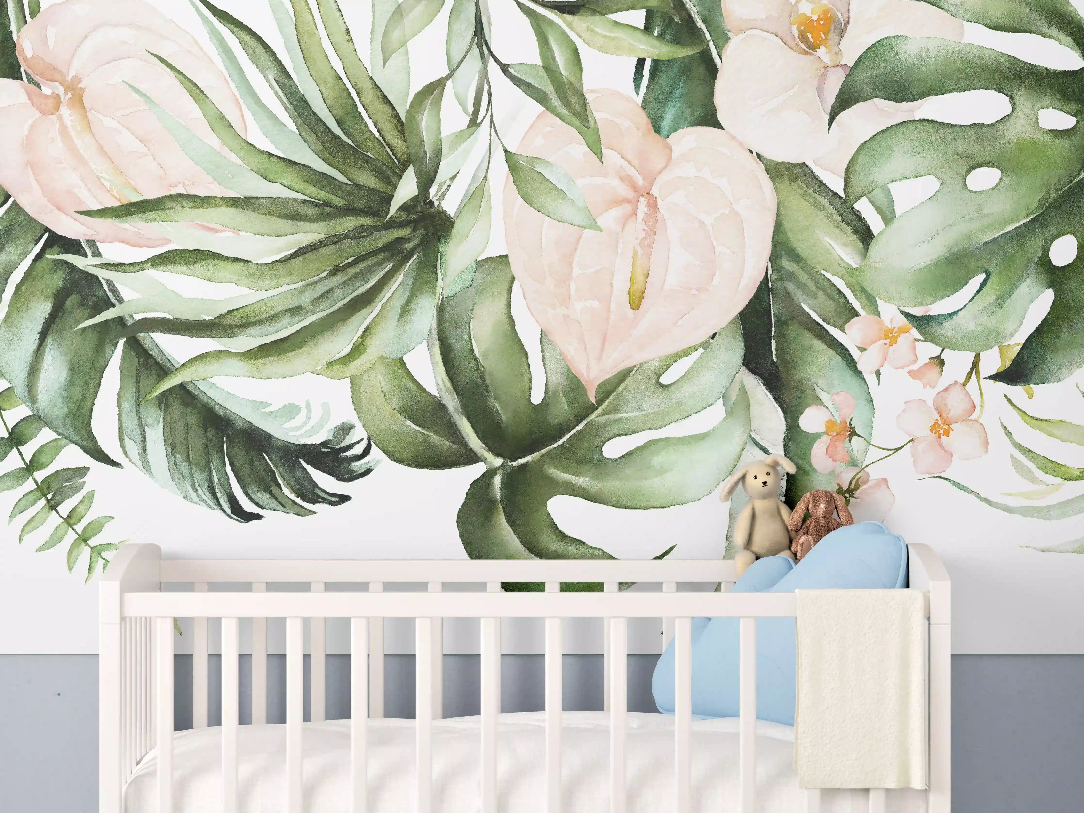 Babyzimmer Wandgestaltung - Grüne tropische Blätter mit Blüten