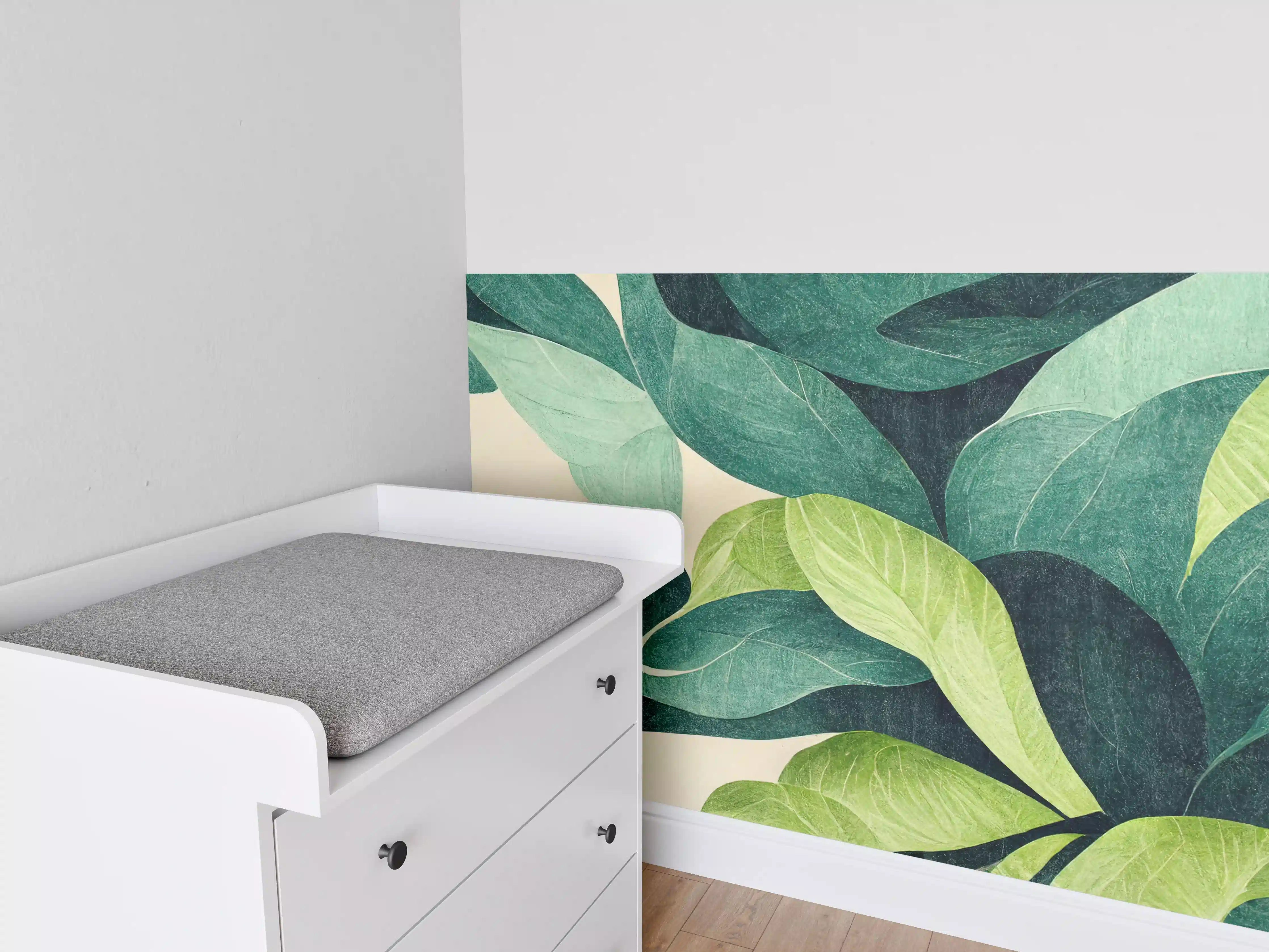 Babyzimmer Wandgestaltung - Grüner Blätterdschungel in Wasserfarben