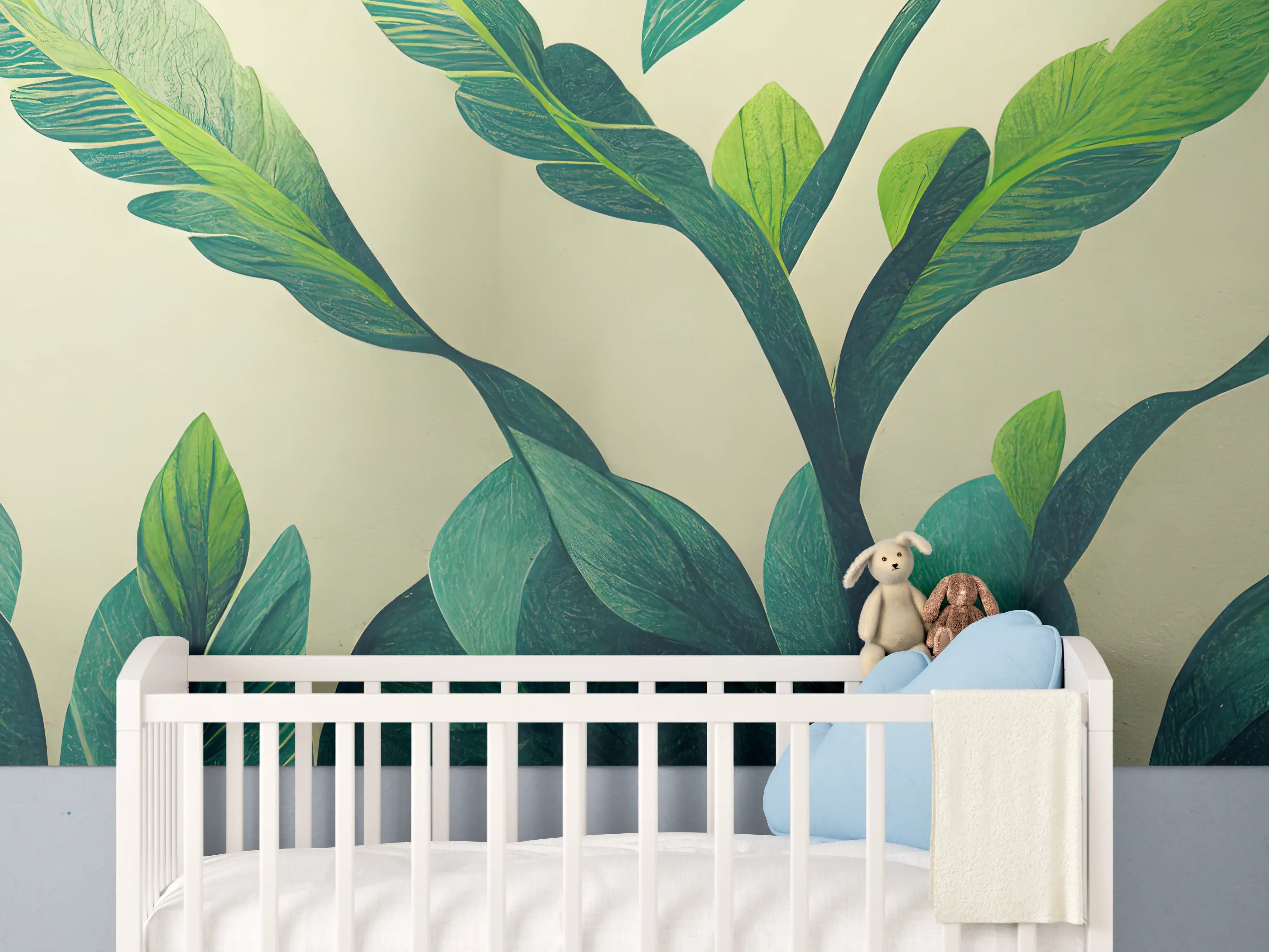 Babyzimmer Wandgestaltung - Grüner Pflanzenstil mit großen Blättern