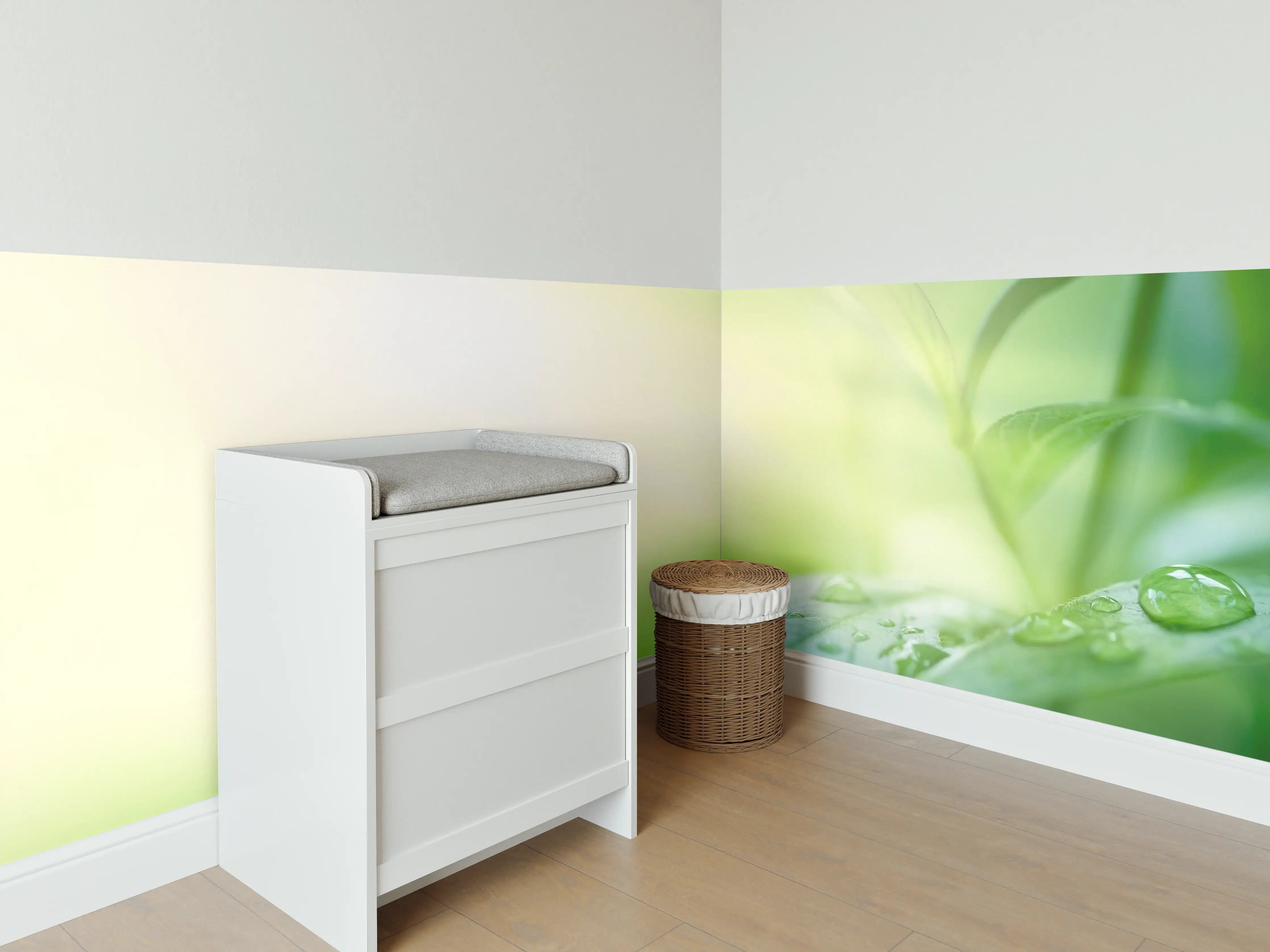 Babyzimmer Wandgestaltung - Grünes Blatt Regentropfen Sommer