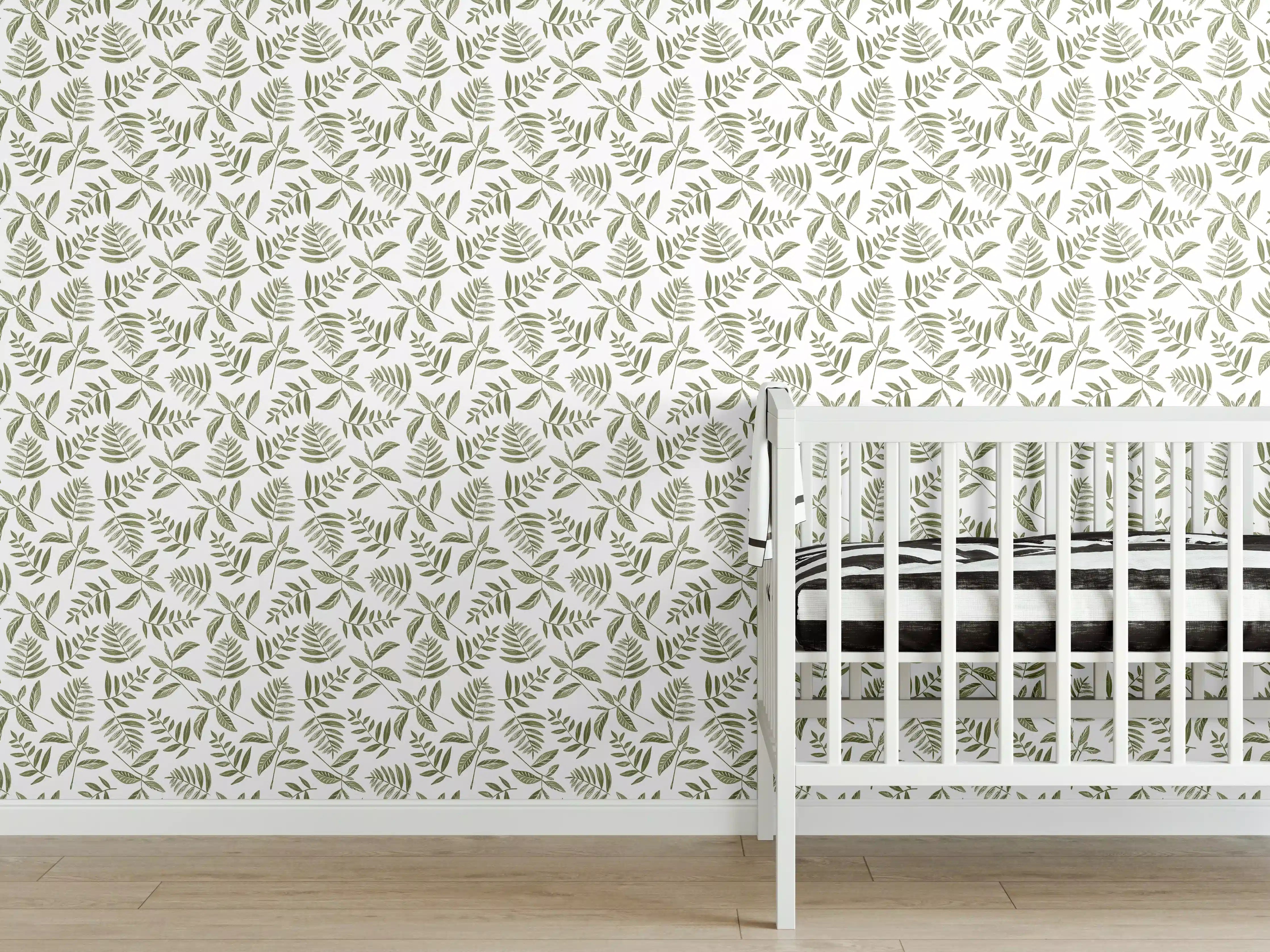 Babyzimmer Wandgestaltung - Grünes Blattmuster auf neutralem Hintergrund