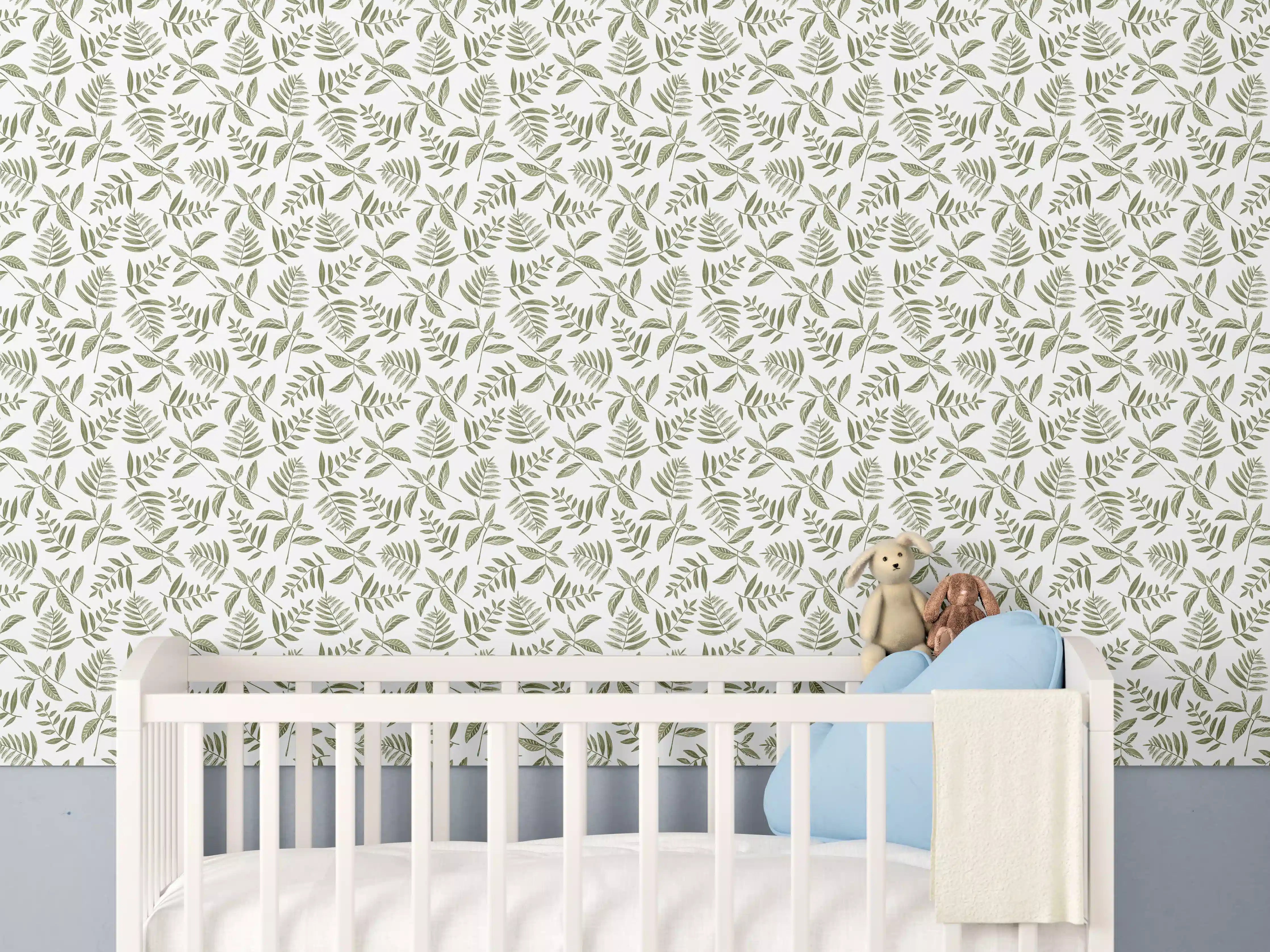Babyzimmer Wandgestaltung - Grünes Blattmuster auf neutralem Hintergrund