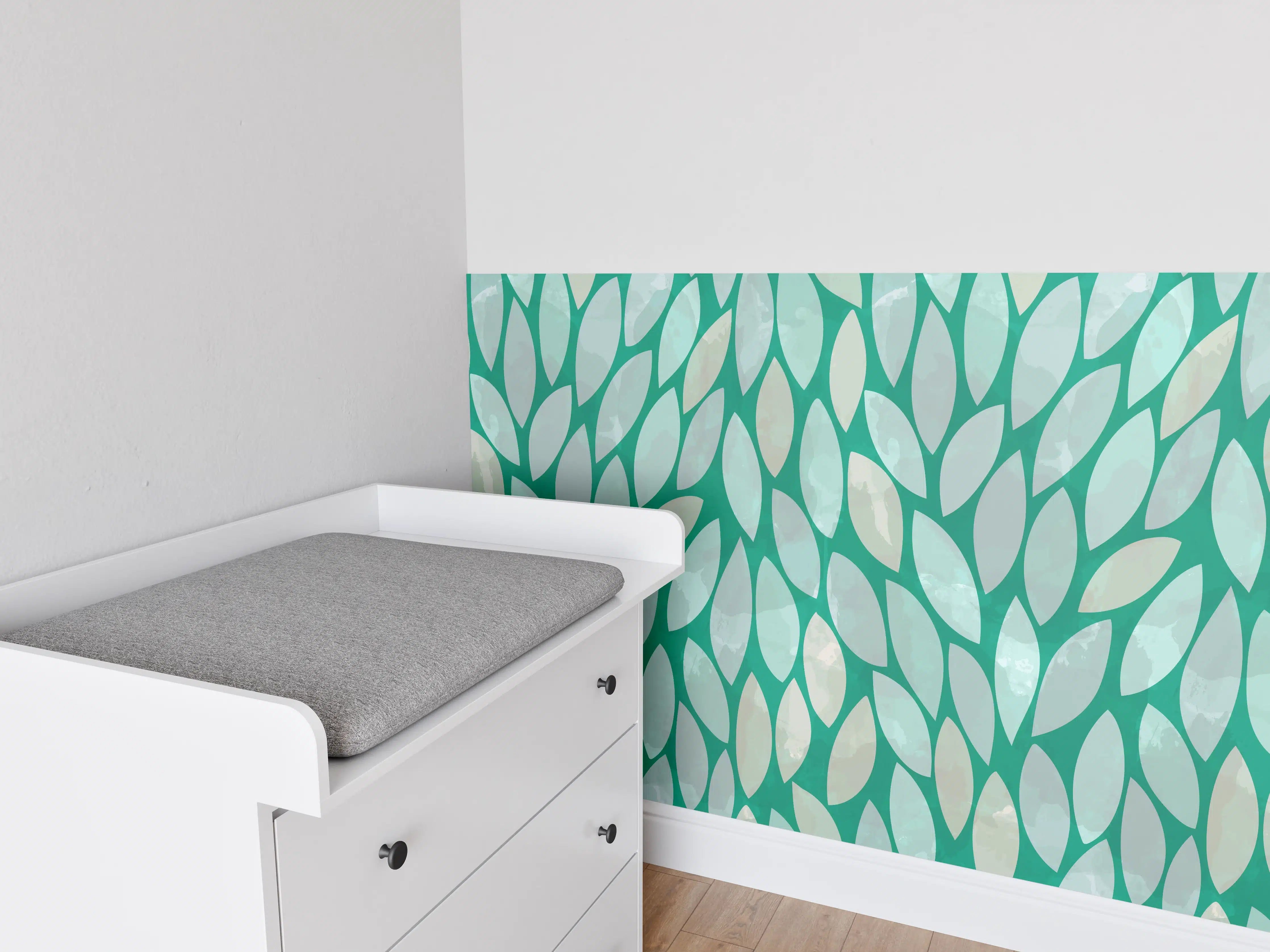 Babyzimmer Wandgestaltung - Grünes Blattmuster mit tealfarbenen Akzenten
