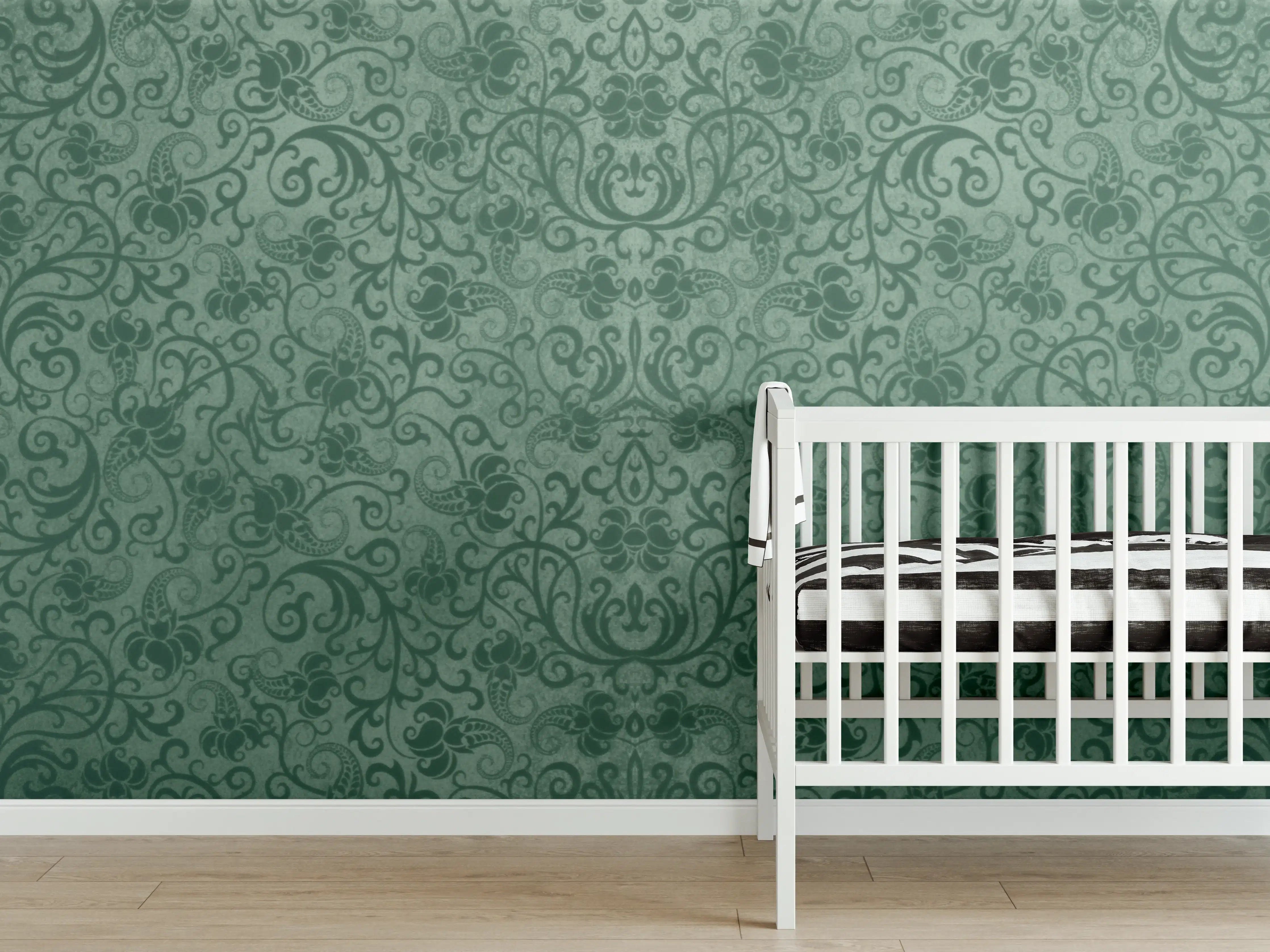 Babyzimmer Wandgestaltung - Grünes Damast Muster