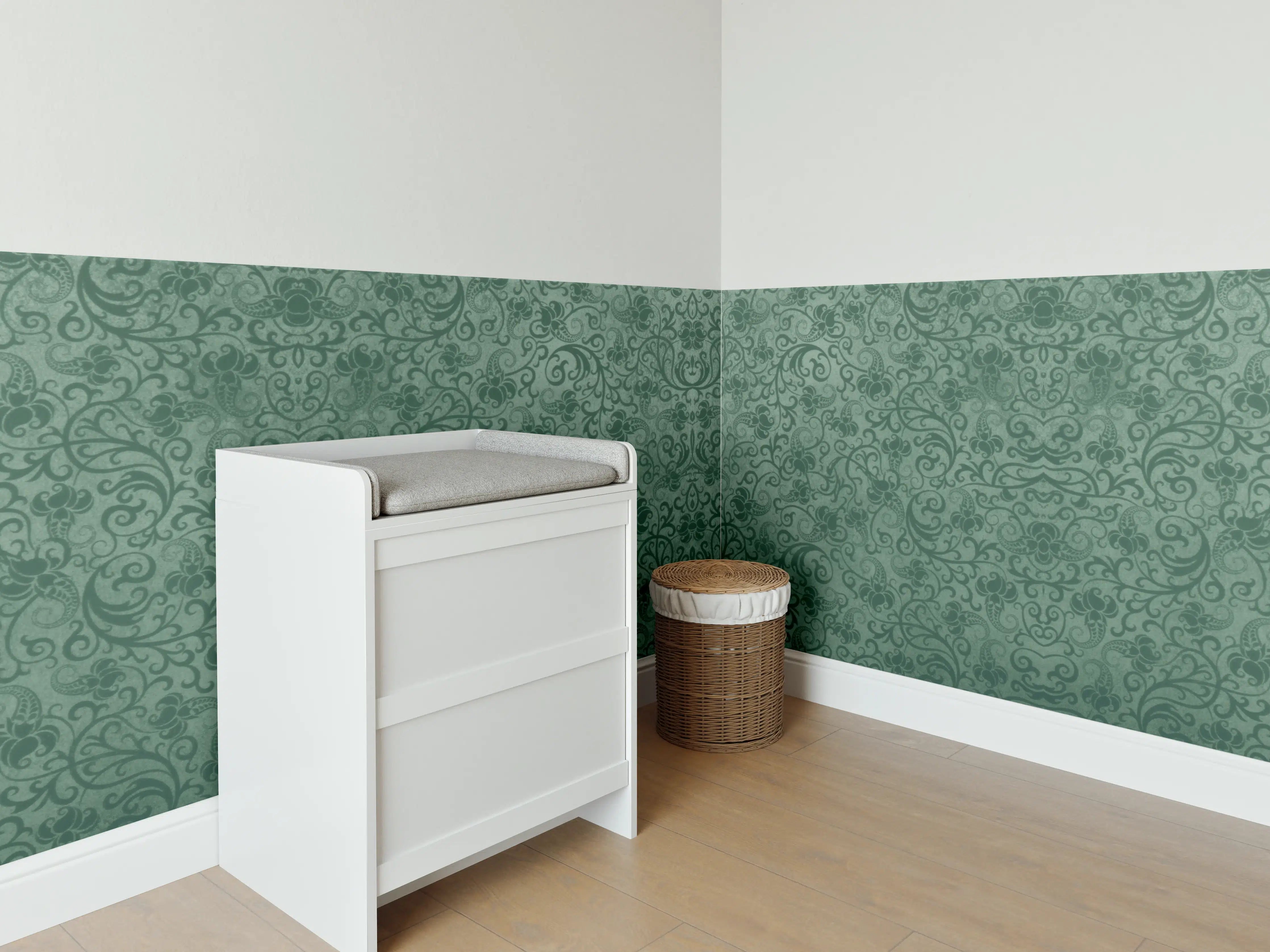 Babyzimmer Wandgestaltung - Grünes Damast Muster