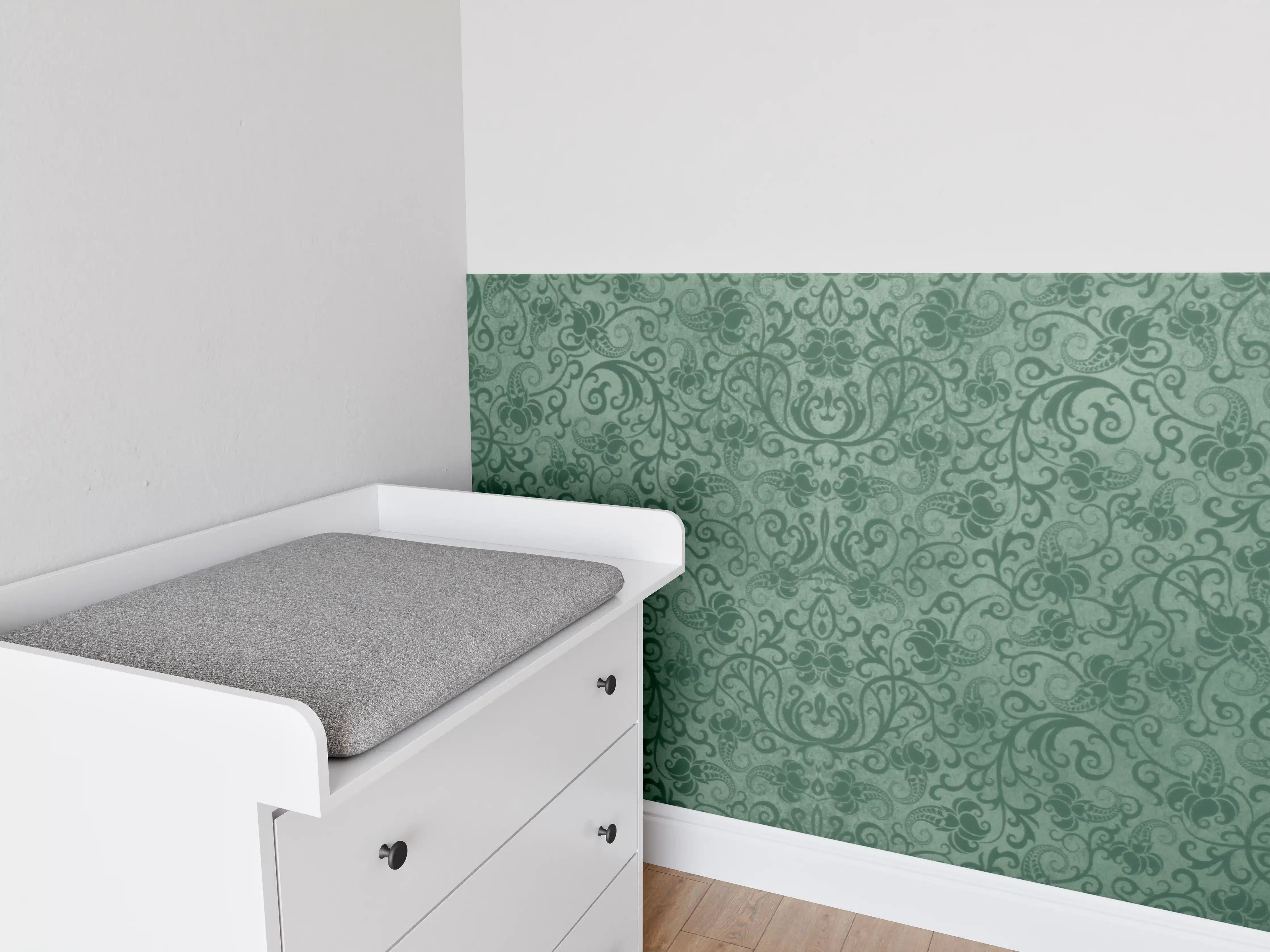 Babyzimmer Wandgestaltung - Grünes Damast Muster