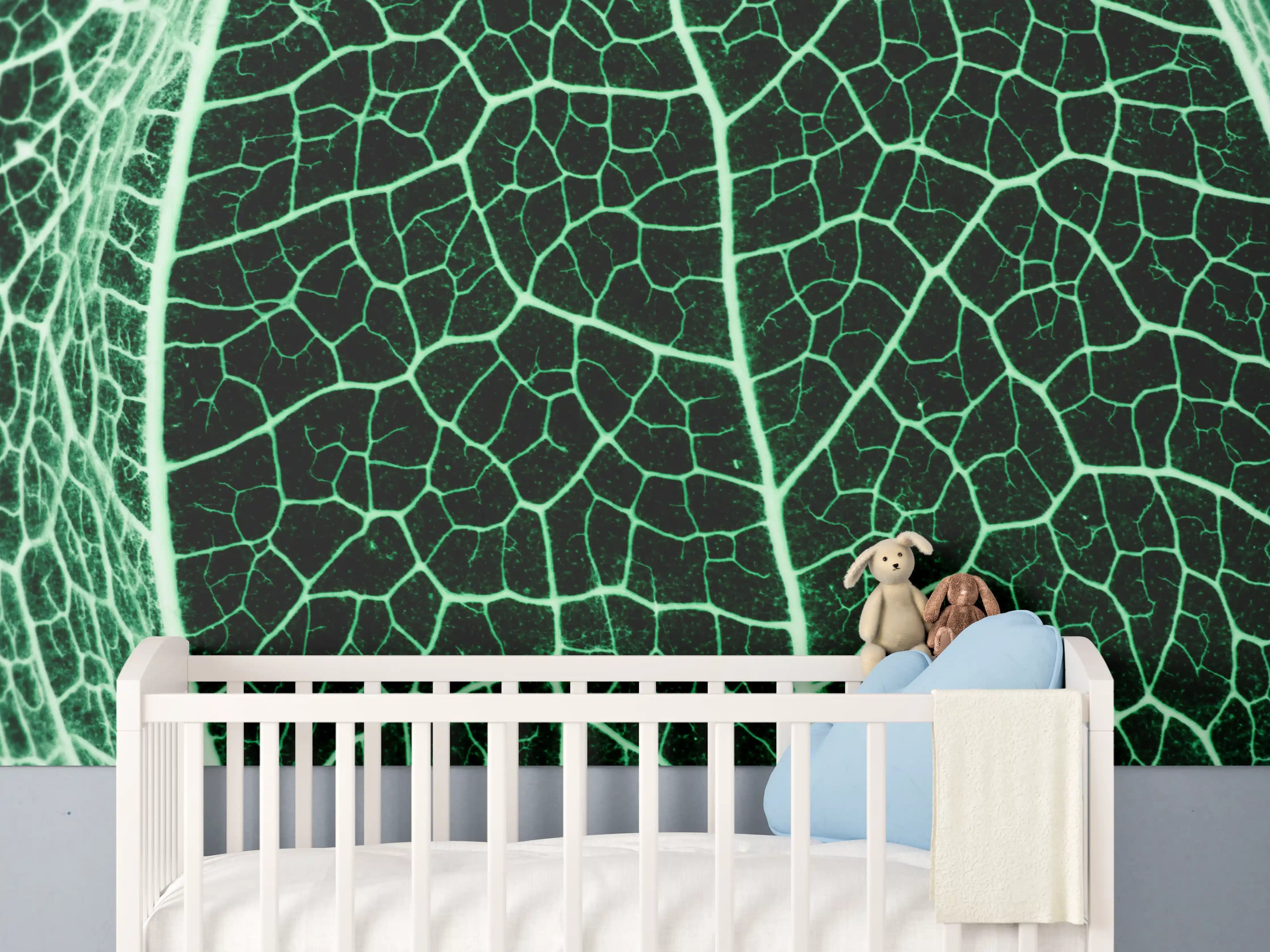 Babyzimmer Wandgestaltung - Grünliche Blatttextur im Detail