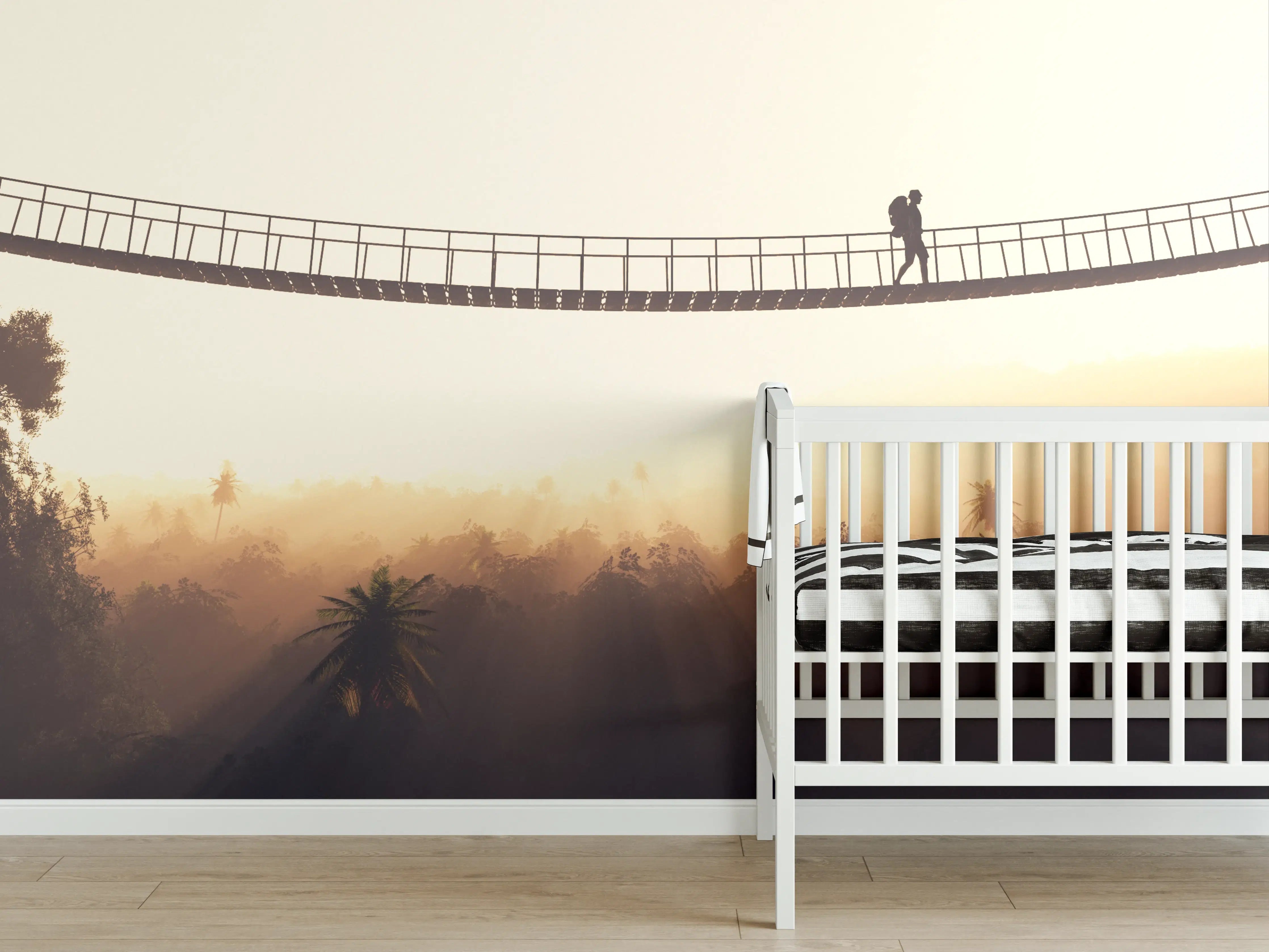 Babyzimmer Wandgestaltung - Hängebrücke im Nebel bei Sonnenaufgang