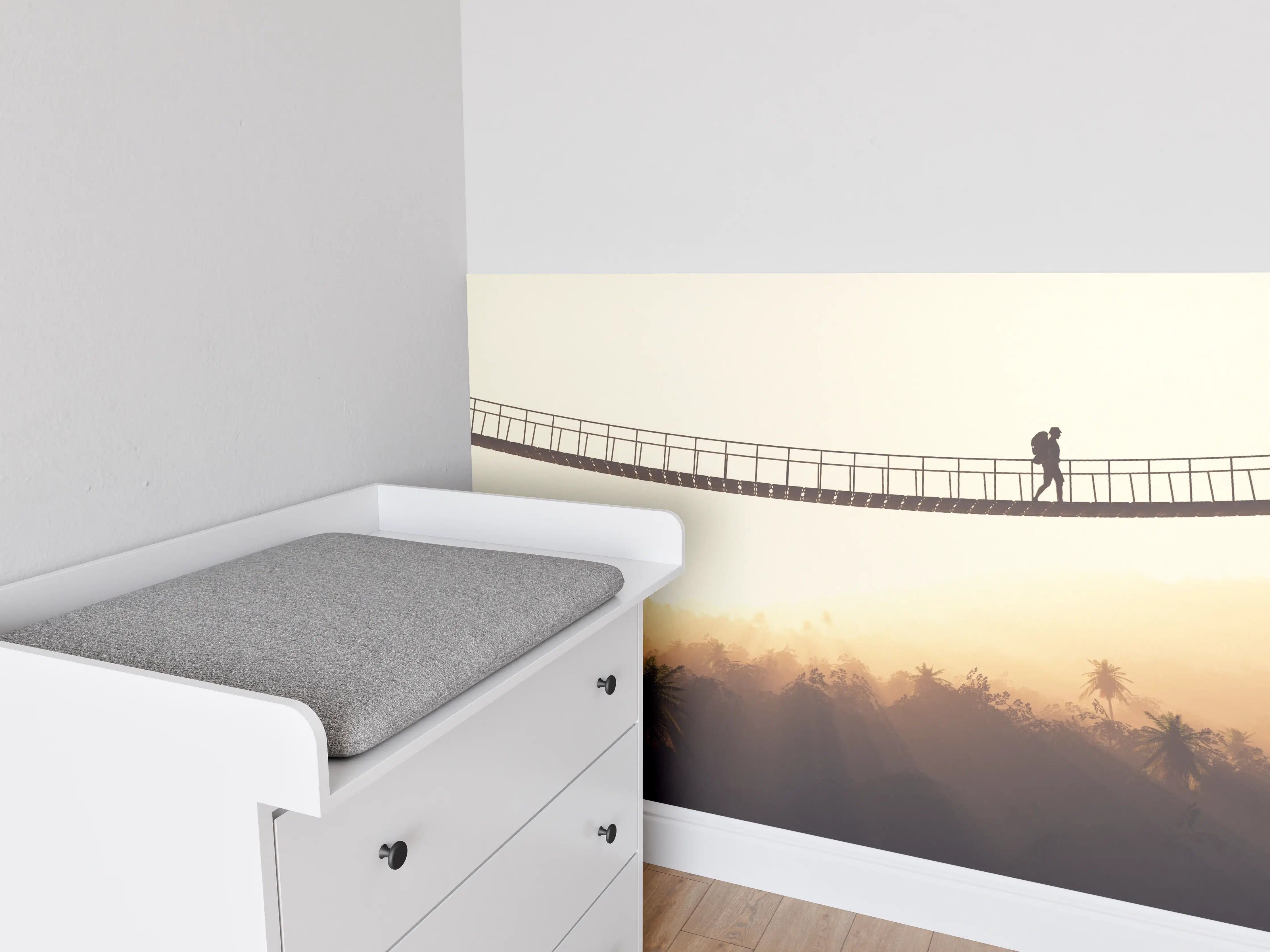 Babyzimmer Wandgestaltung - Hängebrücke im Nebel bei Sonnenaufgang