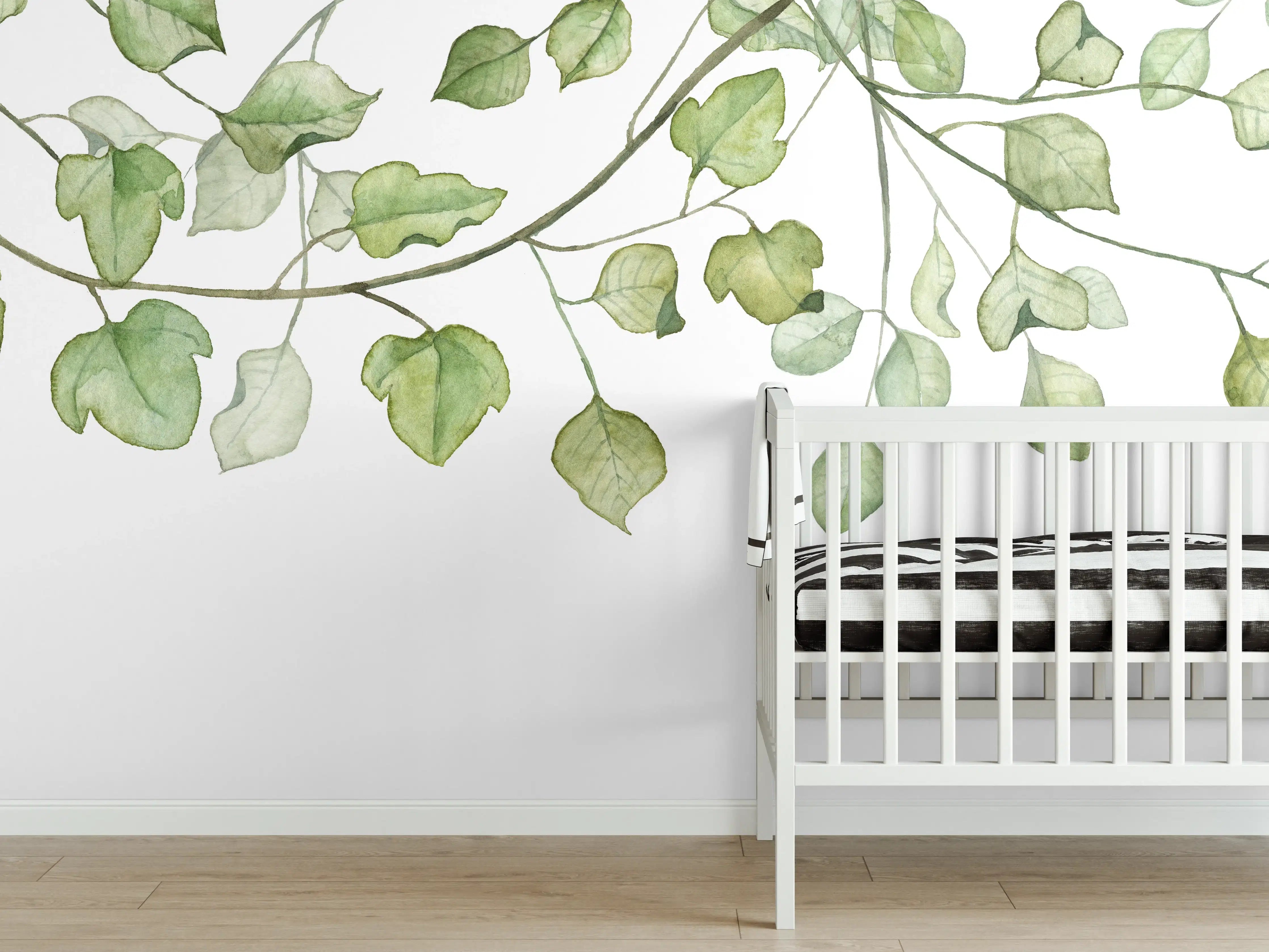 Babyzimmer Wandgestaltung - Hängende Blätter an Ästen Aquarell 