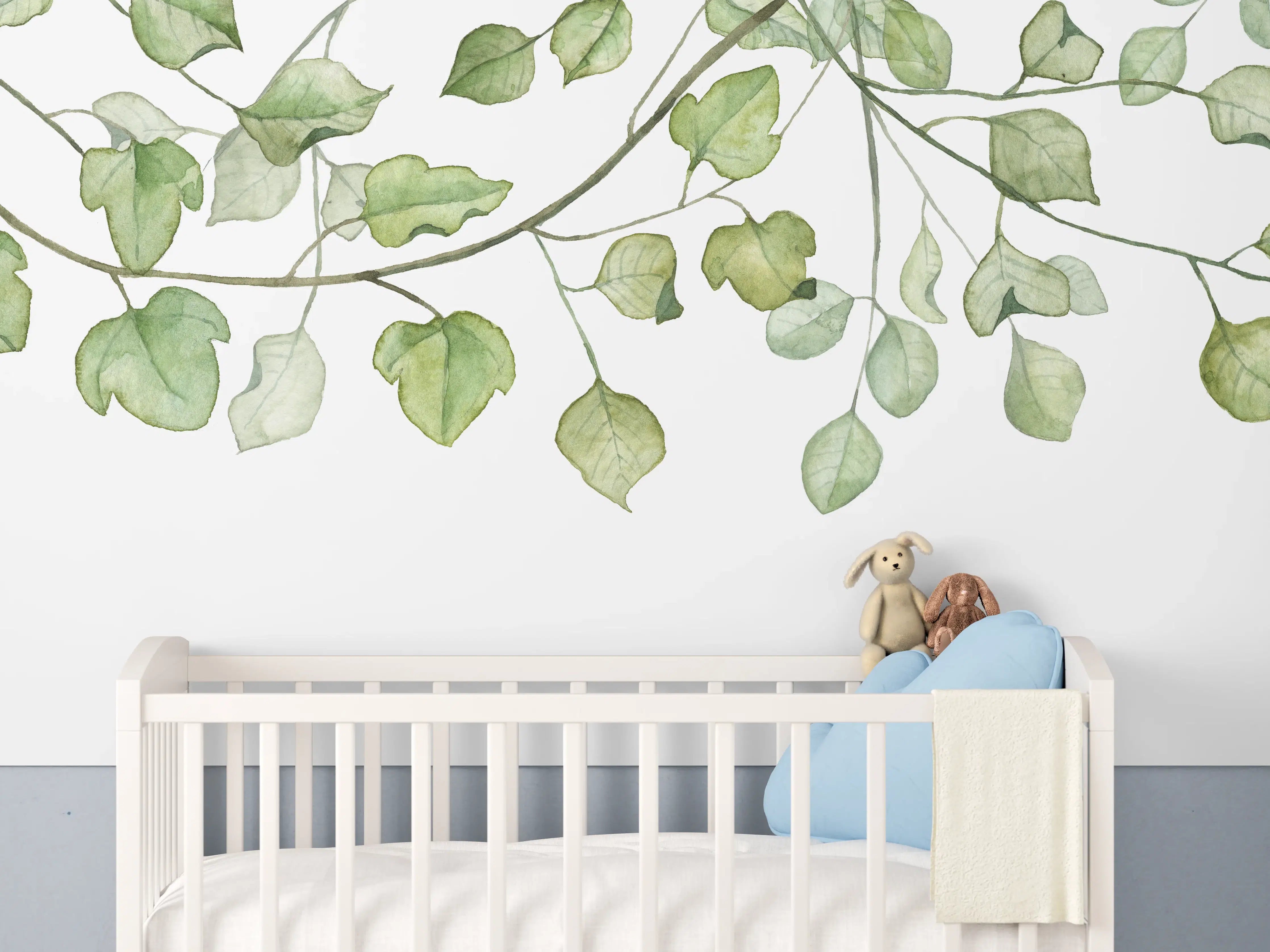 Babyzimmer Wandgestaltung - Hängende Blätter an Ästen Aquarell 
