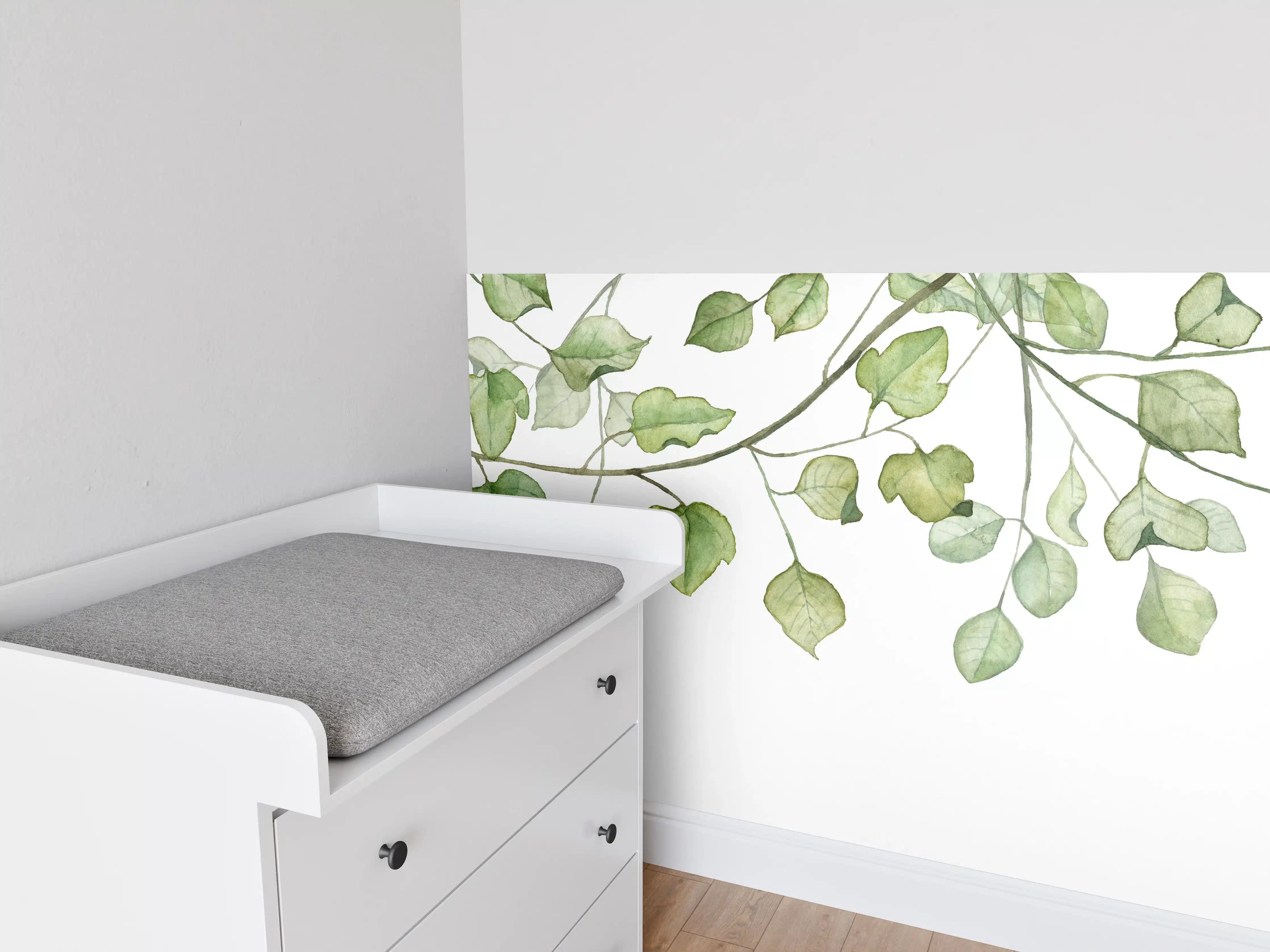 Babyzimmer Wandgestaltung - Hängende Blätter an Ästen Aquarell 