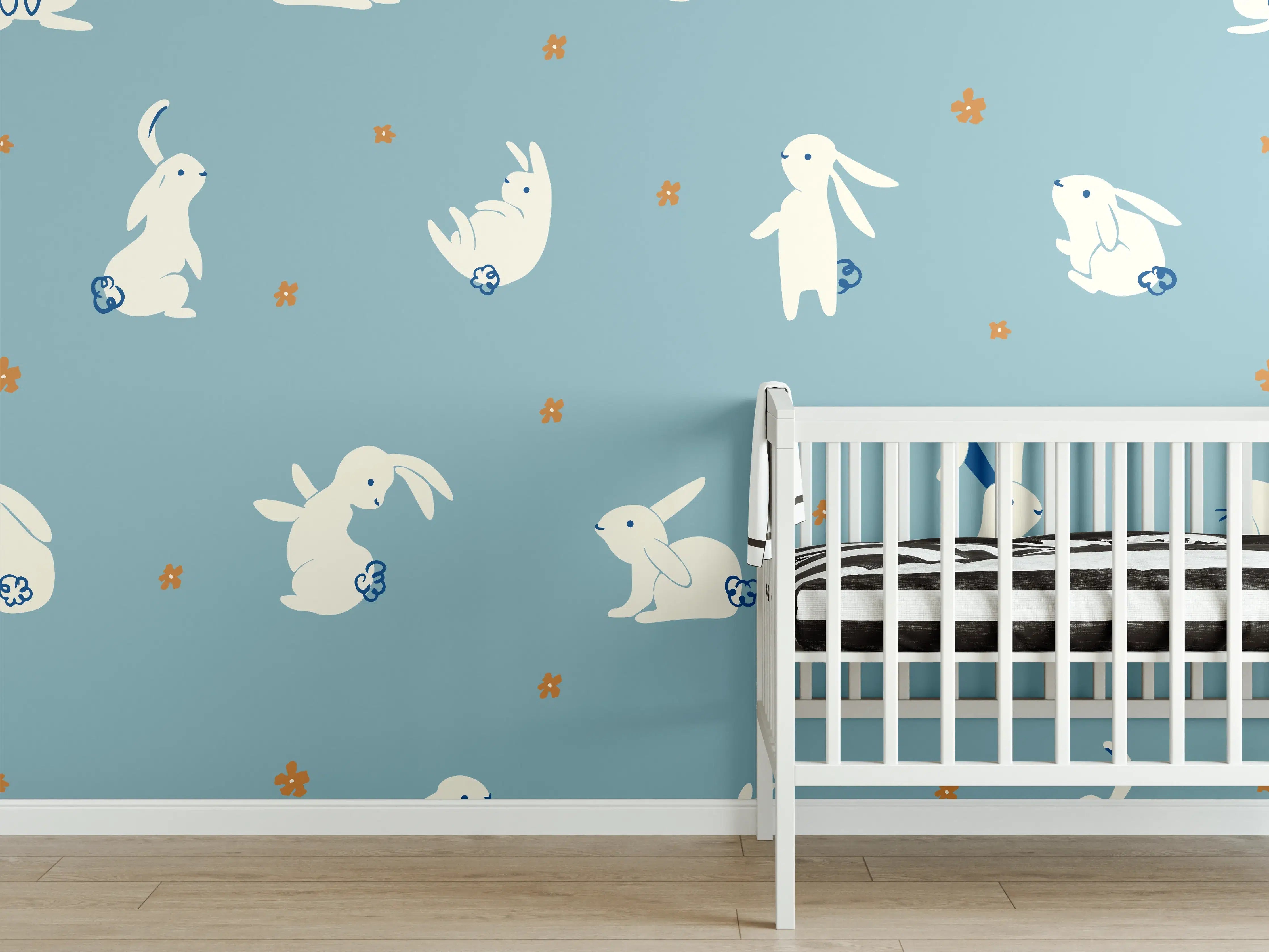 Babyzimmer Wandgestaltung - Häschen Muster Blauer Stoff