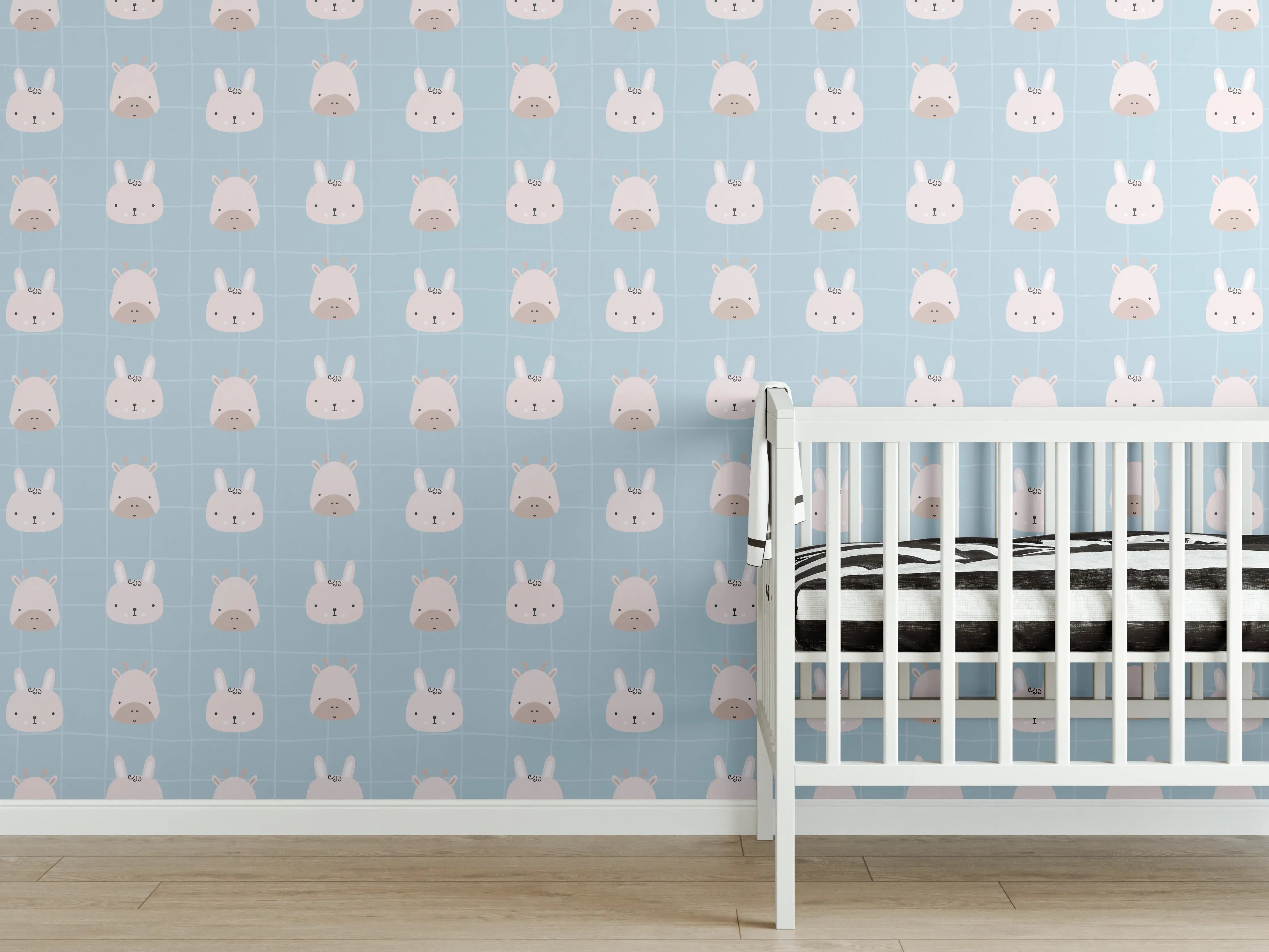 Babyzimmer Wandgestaltung - Häschen auf blauer Hintergrundzeichnung