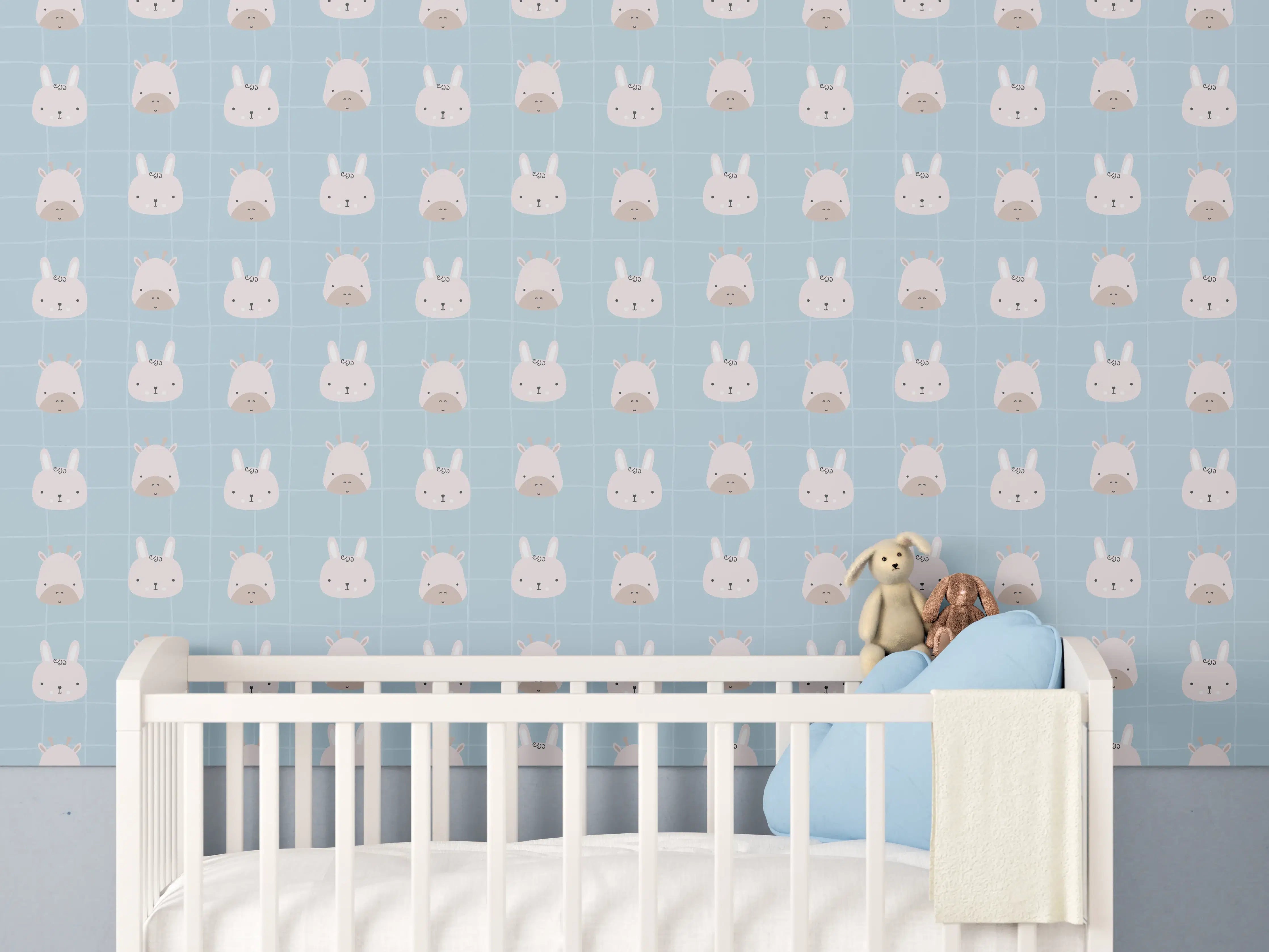 Babyzimmer Wandgestaltung - Häschen auf blauer Hintergrundzeichnung