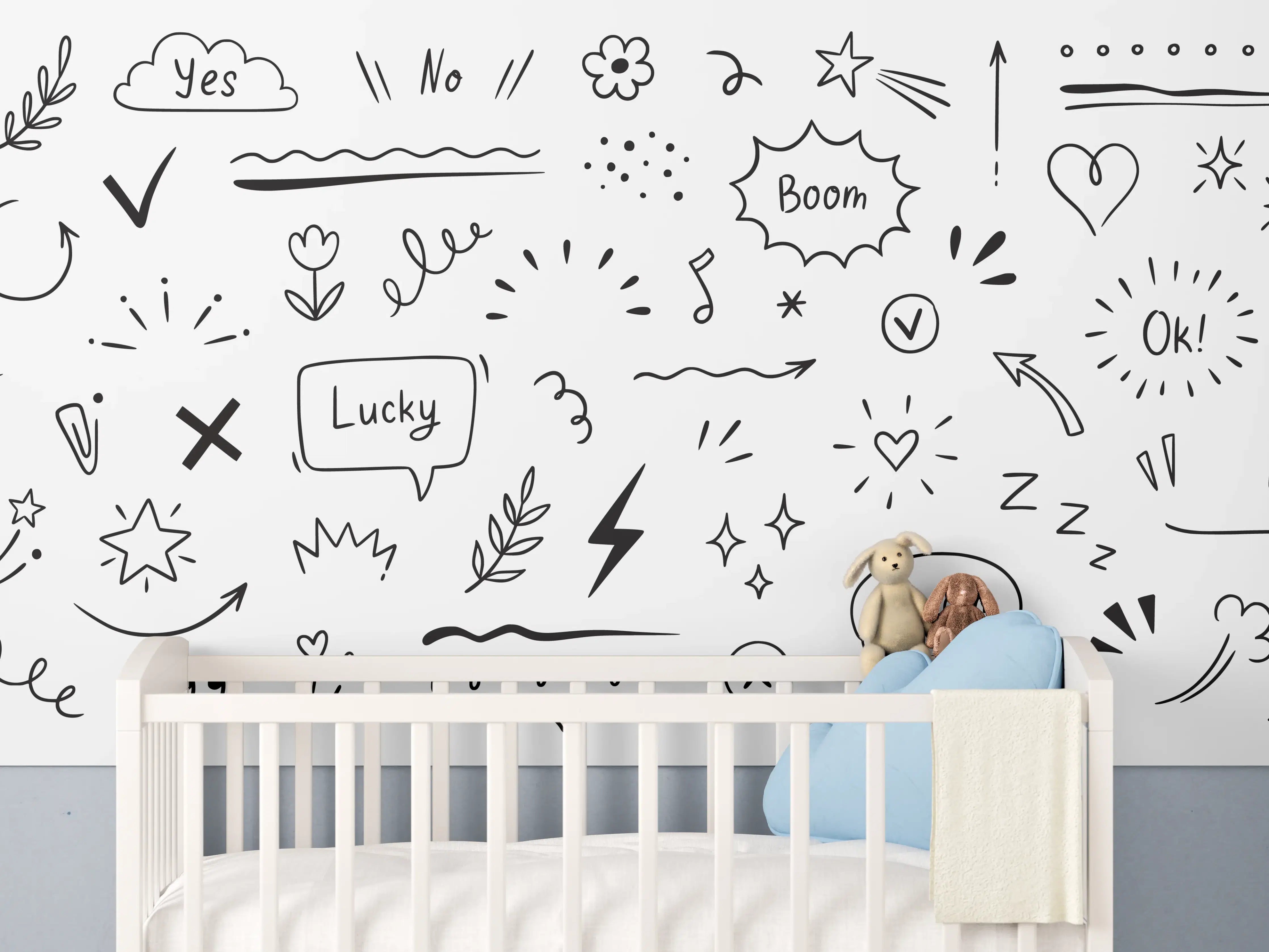 Babyzimmer Wandgestaltung - Handgezeichnete Whiteboard-Doodles in Schwarz-Weiß
