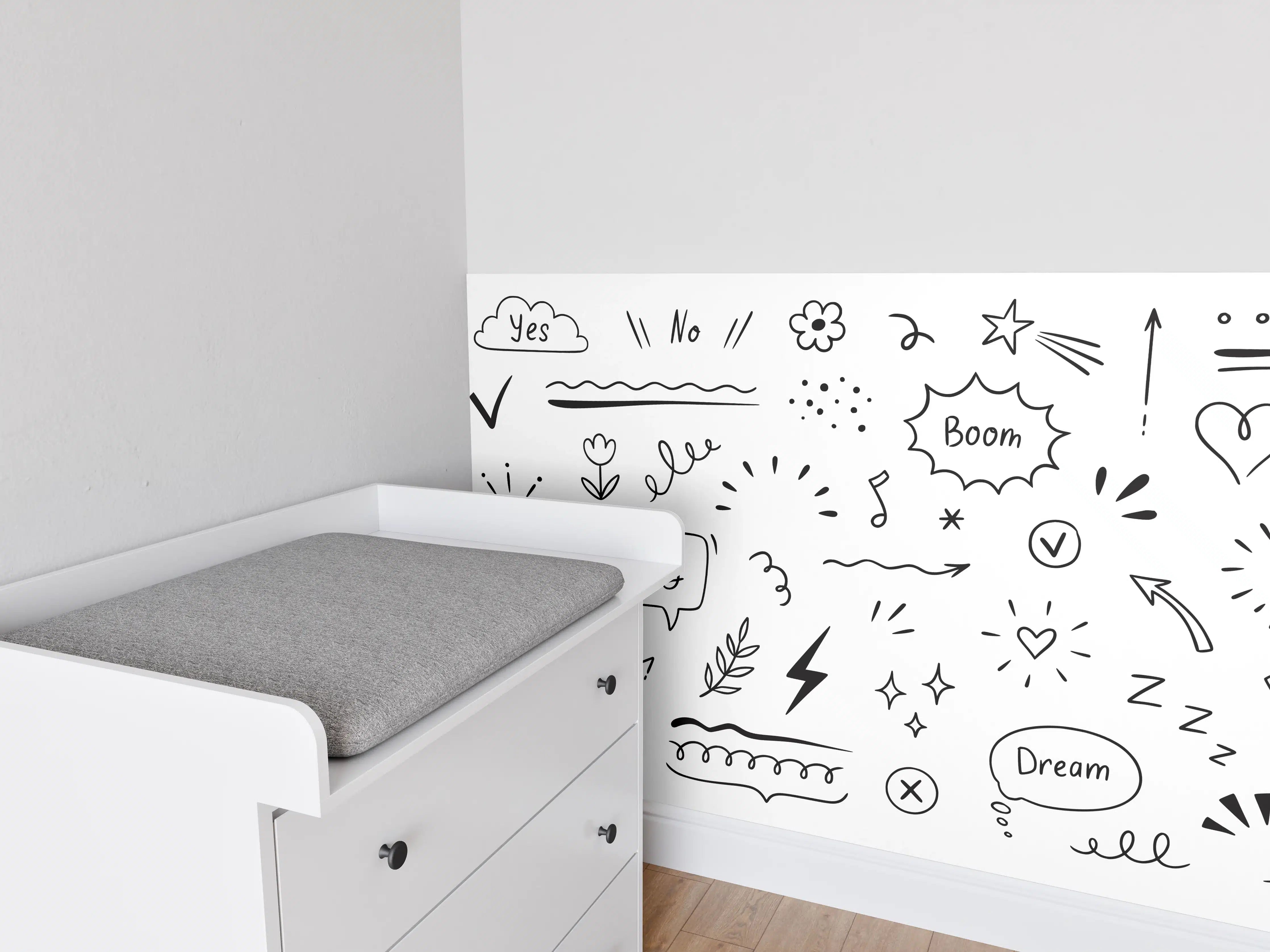 Babyzimmer Wandgestaltung - Handgezeichnete Whiteboard-Doodles in Schwarz-Weiß