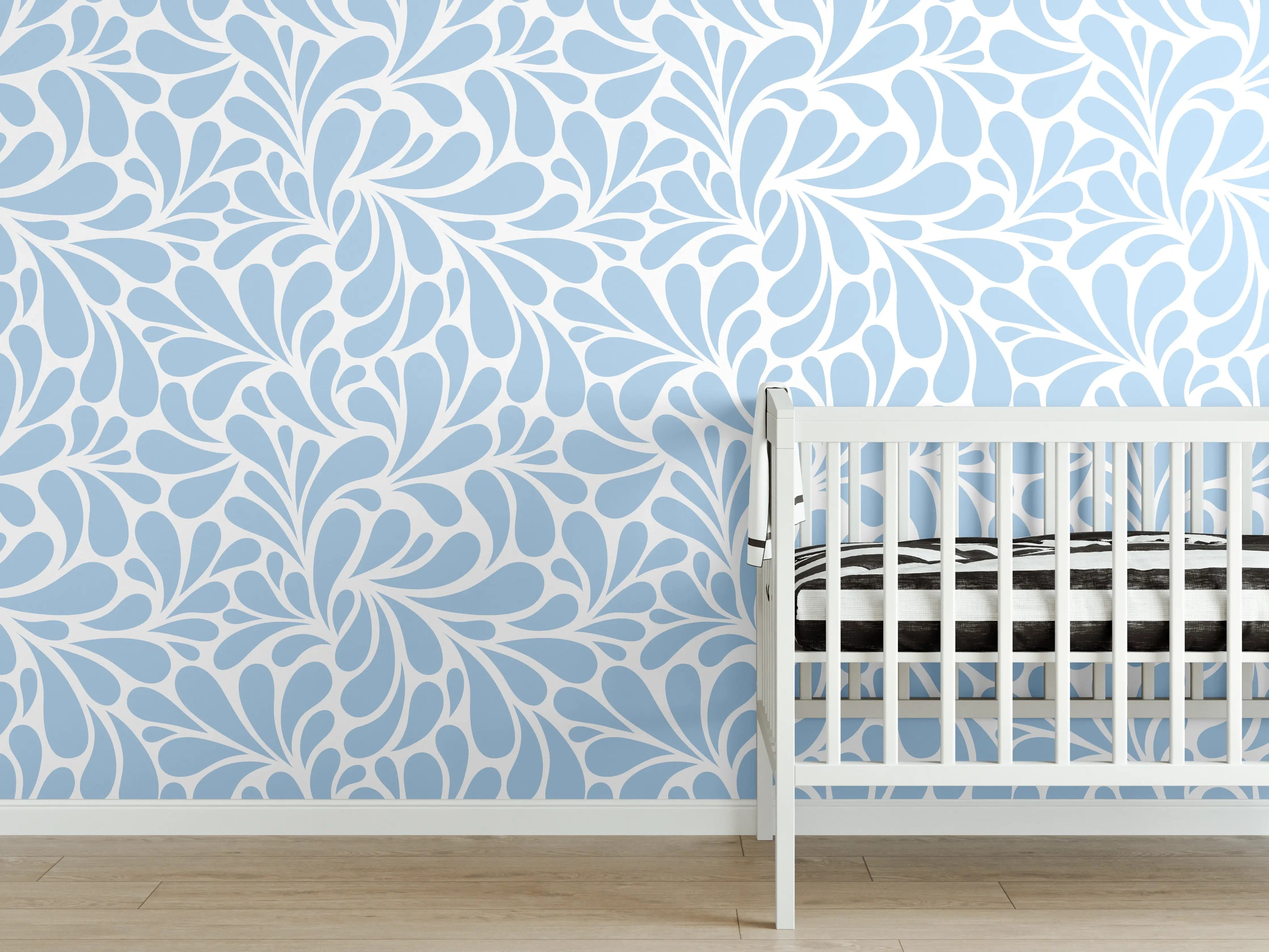 Babyzimmer Wandgestaltung - Hellblaue Blätter-Optik