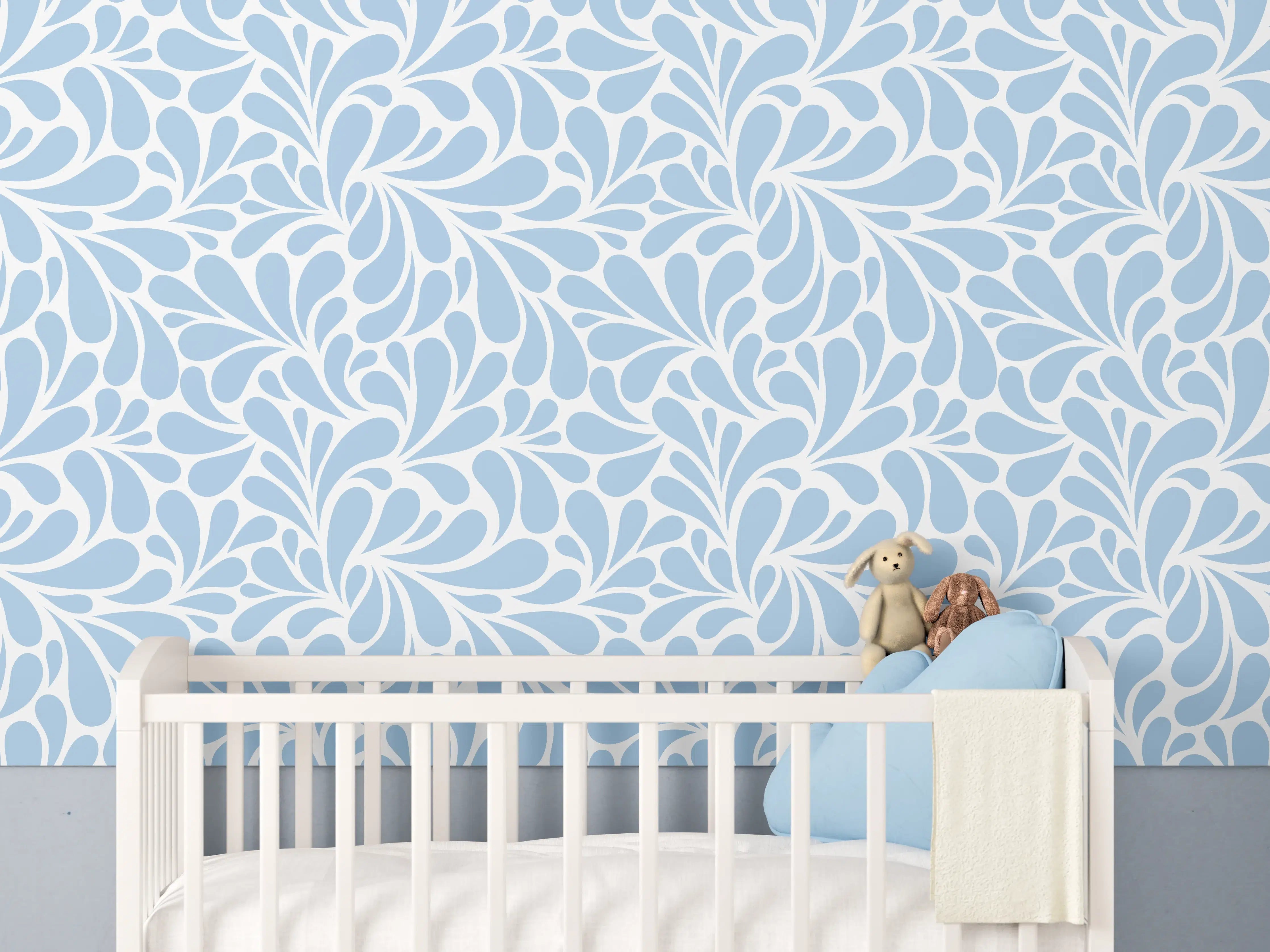 Babyzimmer Wandgestaltung - Hellblaue Blätter-Optik