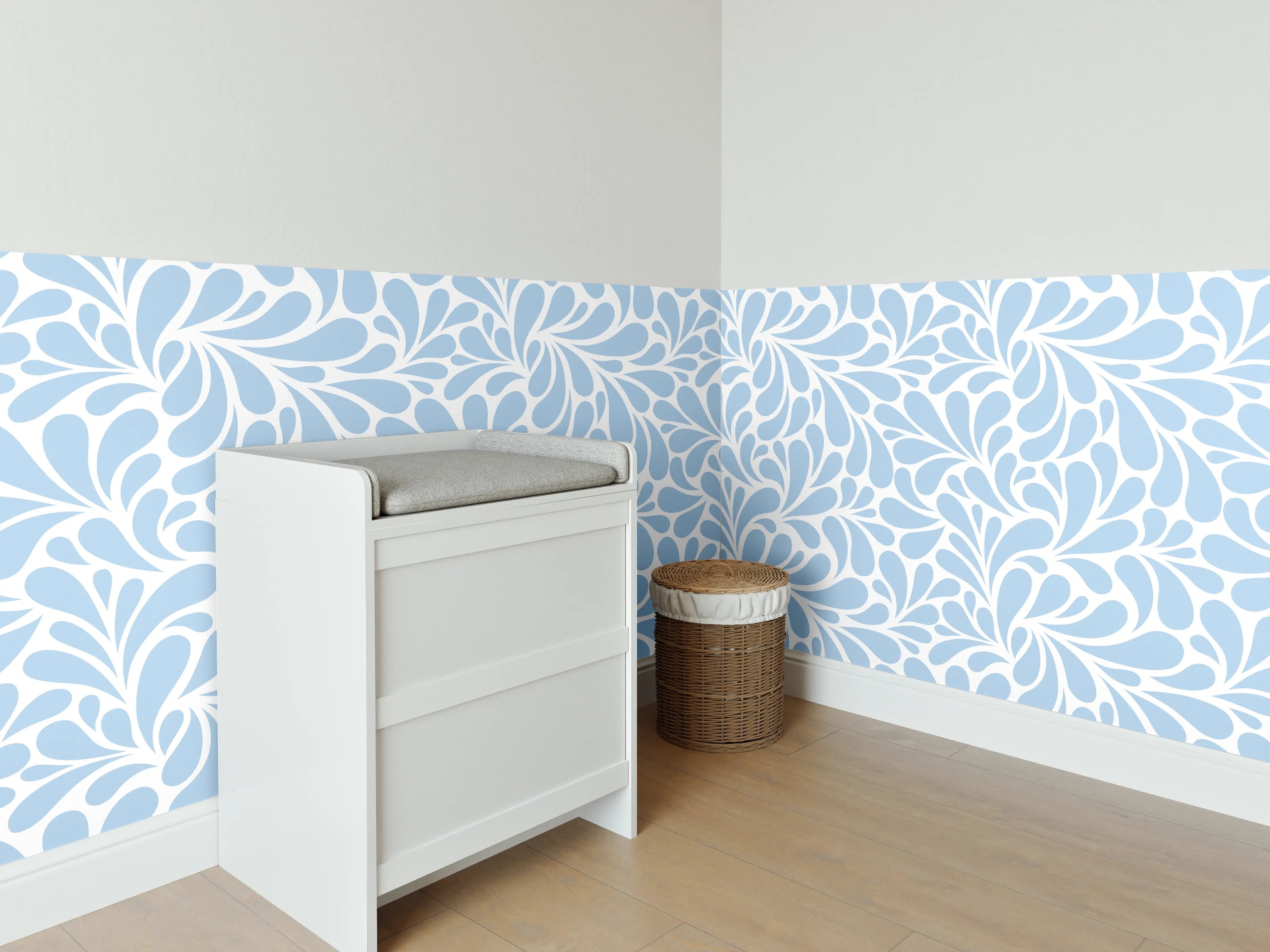 Babyzimmer Wandgestaltung - Hellblaue Blätter-Optik