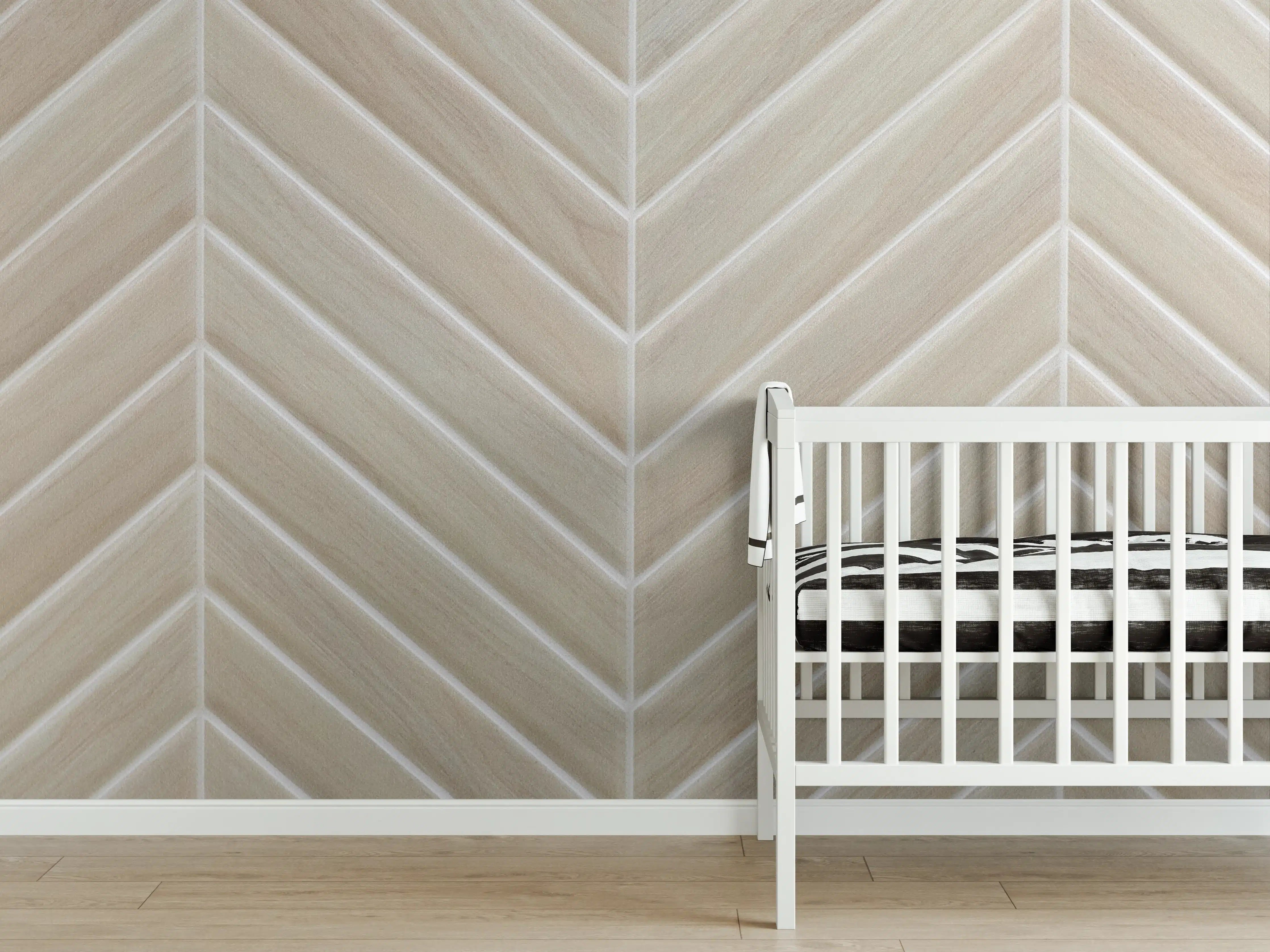 Babyzimmer Wandgestaltung - Helle Beigefarbene Fliesen mit Chevron-Muster