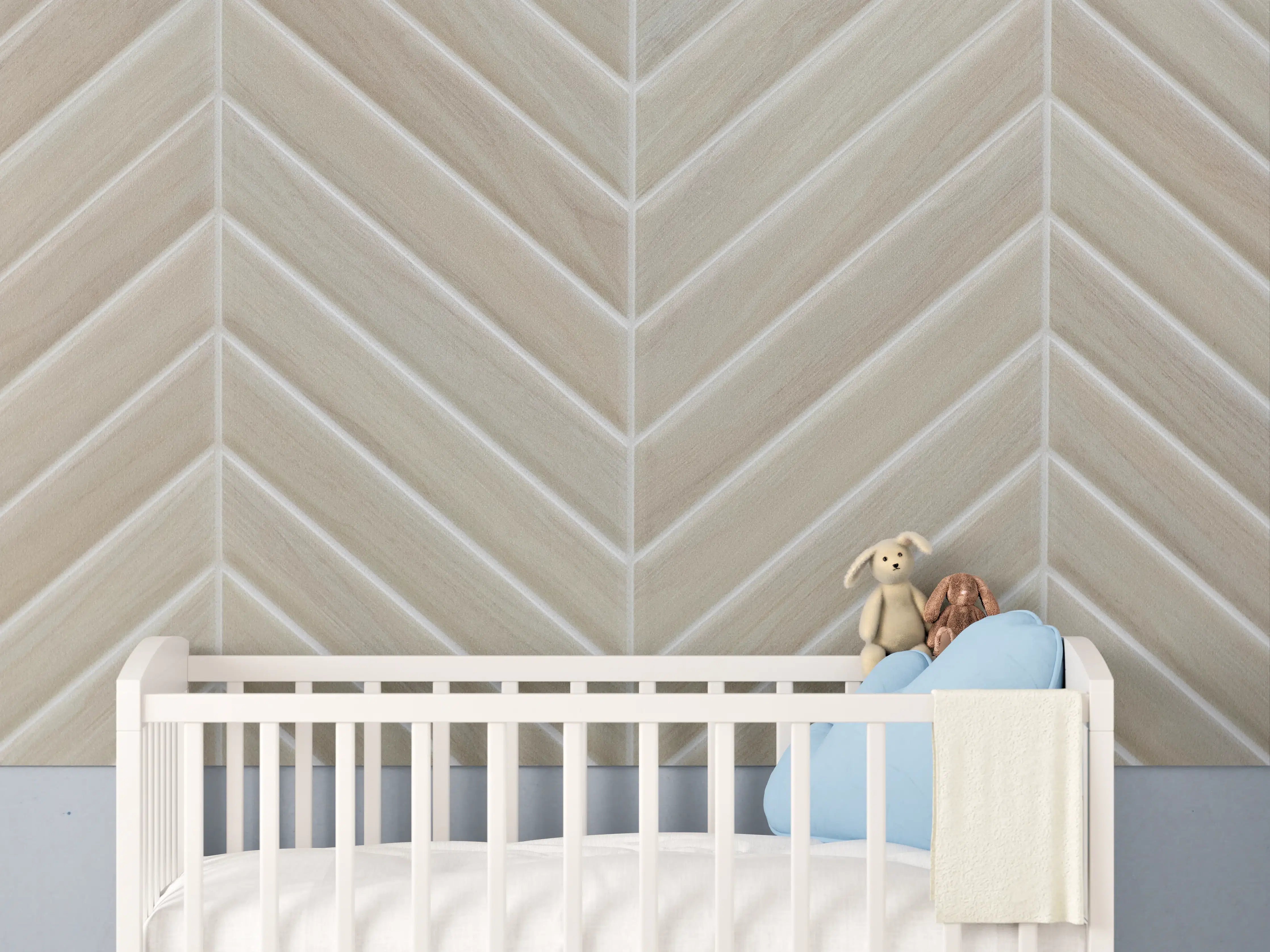 Babyzimmer Wandgestaltung - Helle Beigefarbene Fliesen mit Chevron-Muster